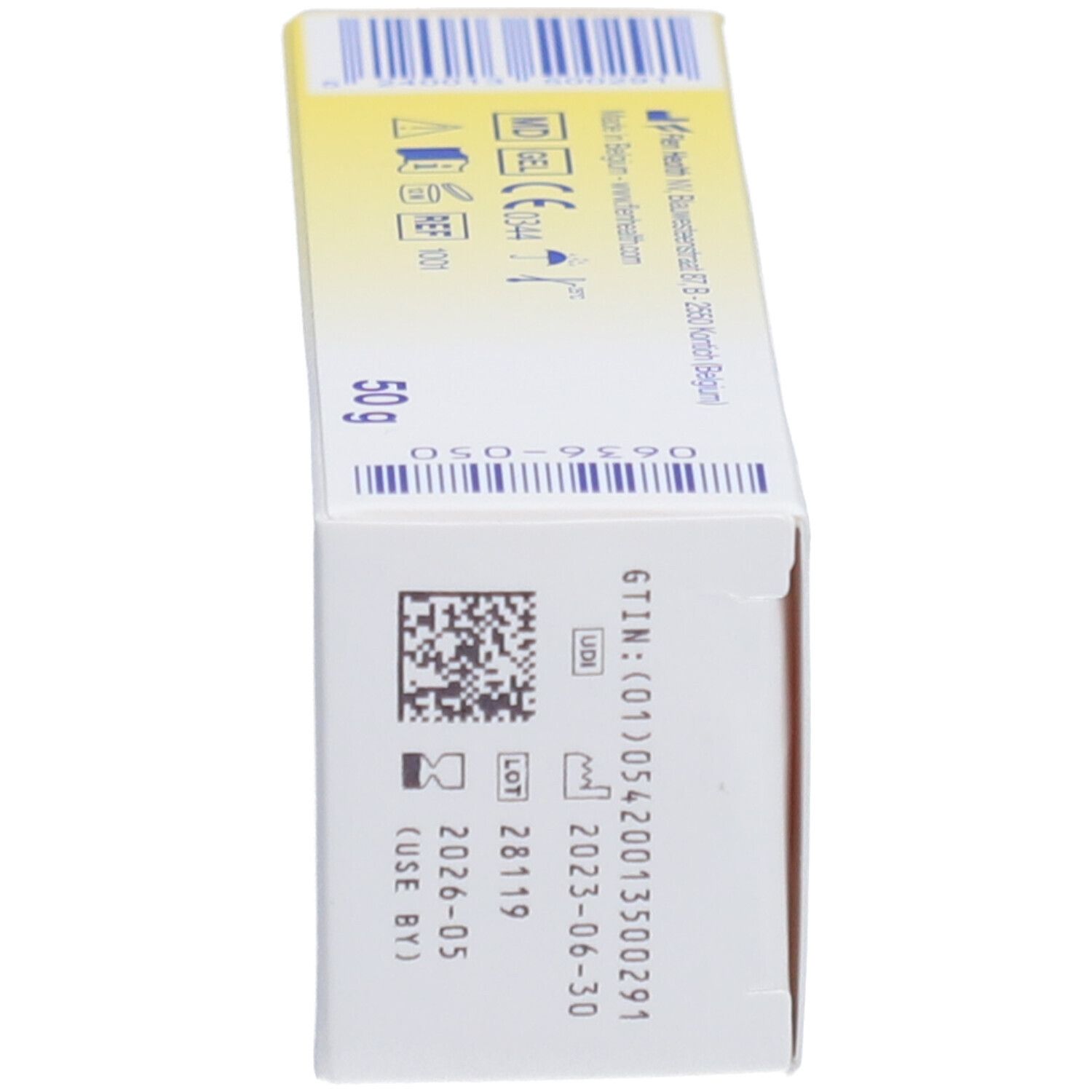 Gel-Packung mit Flamigel®-Logo. Aufschrift: Wundbehandlung. Gel-Packung mit rotem Punkt-Design. 50 g.