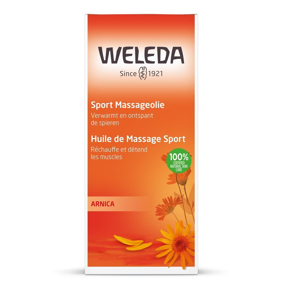 Emballage avec texte: Weleda, Huile de Massage Sport, Arnica. Fond orange avec illustration de fleurs. 100% certifié.