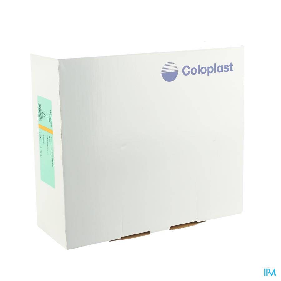 Emballage blanc Coloplast. Étiquette avec informations produit. Logo Coloplast.
