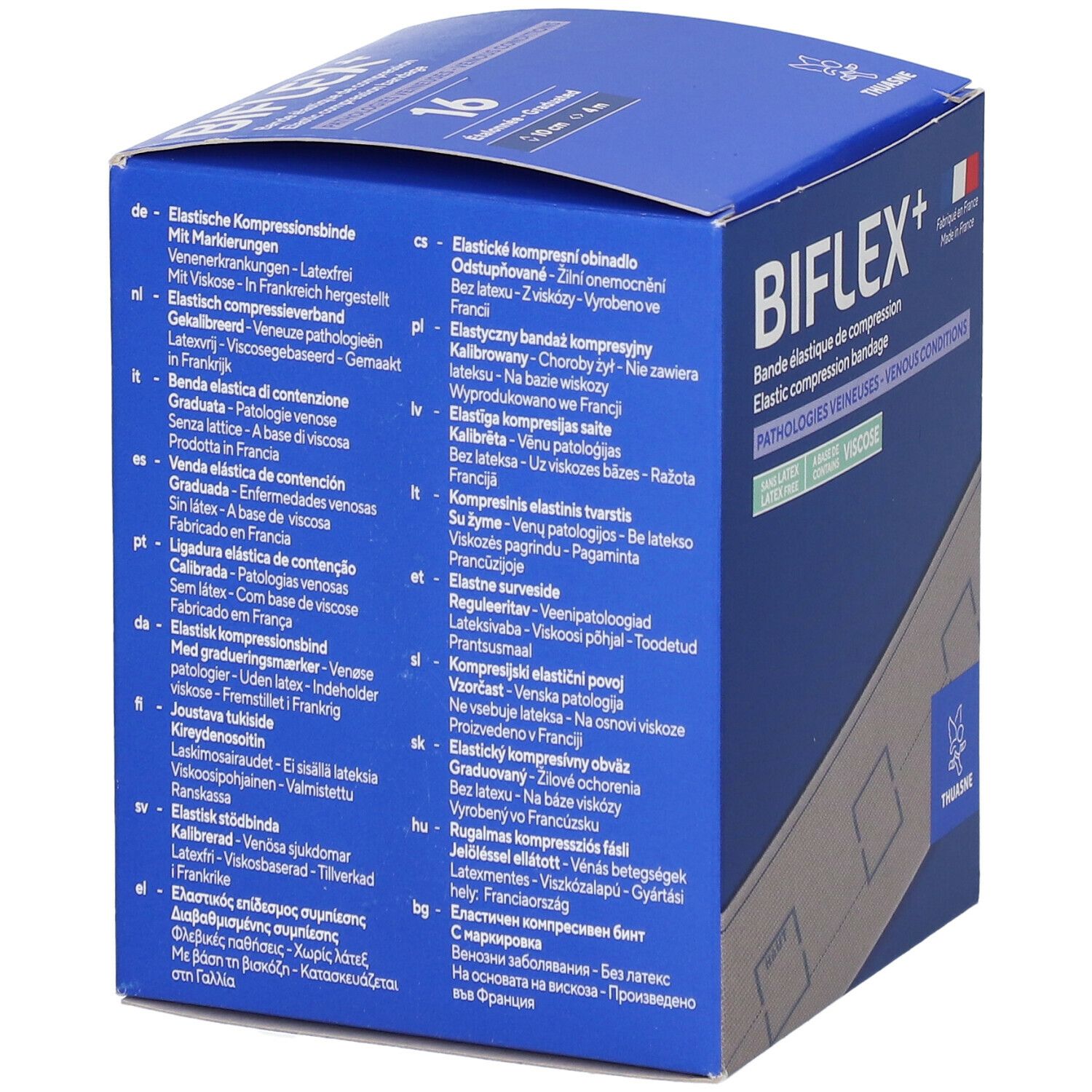 Emballage de bandage compressif BIFLEX+. Informations multilingues. Fabriqué en France.