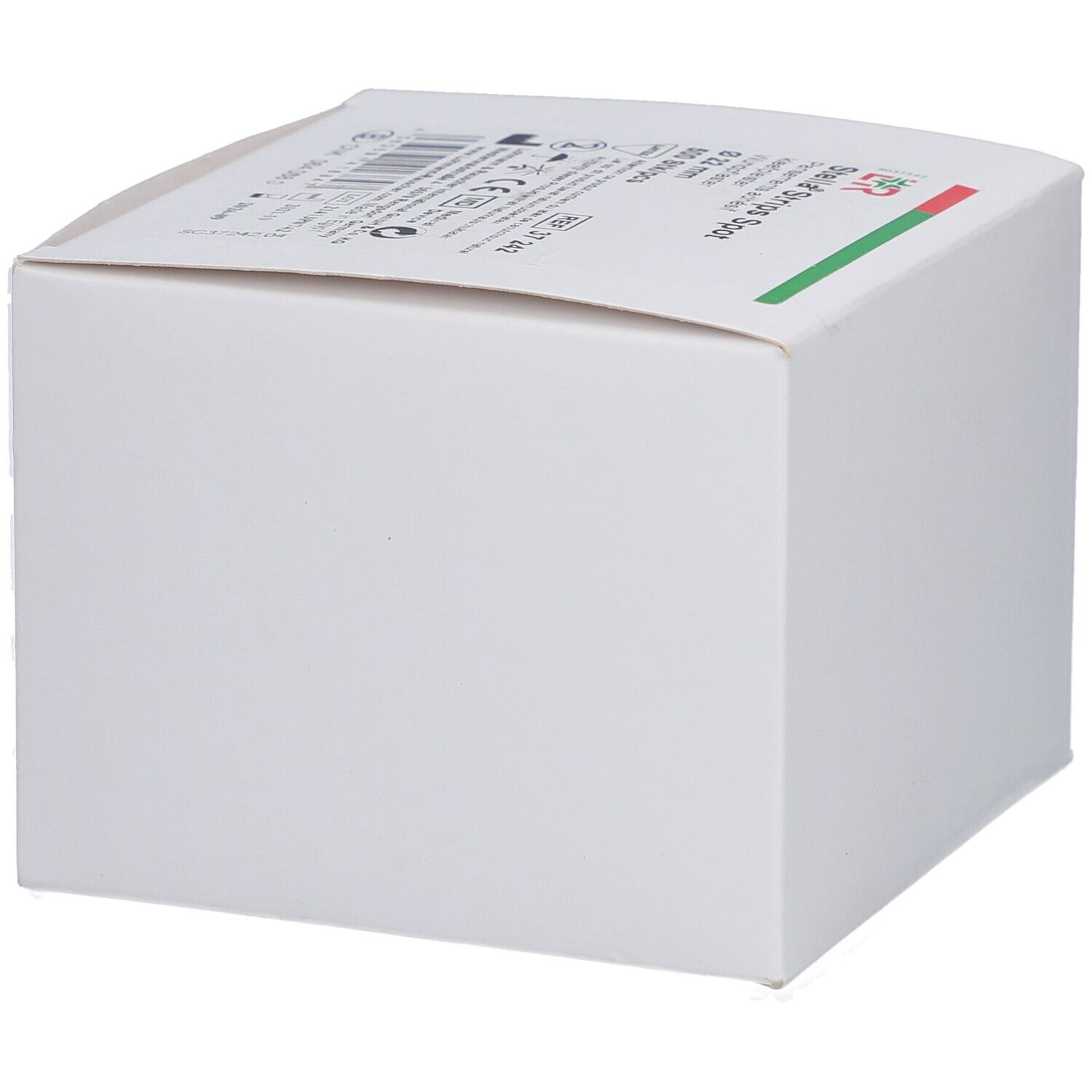 Emballage de produit blanc. Informations produit et bande verte sur le dessus.