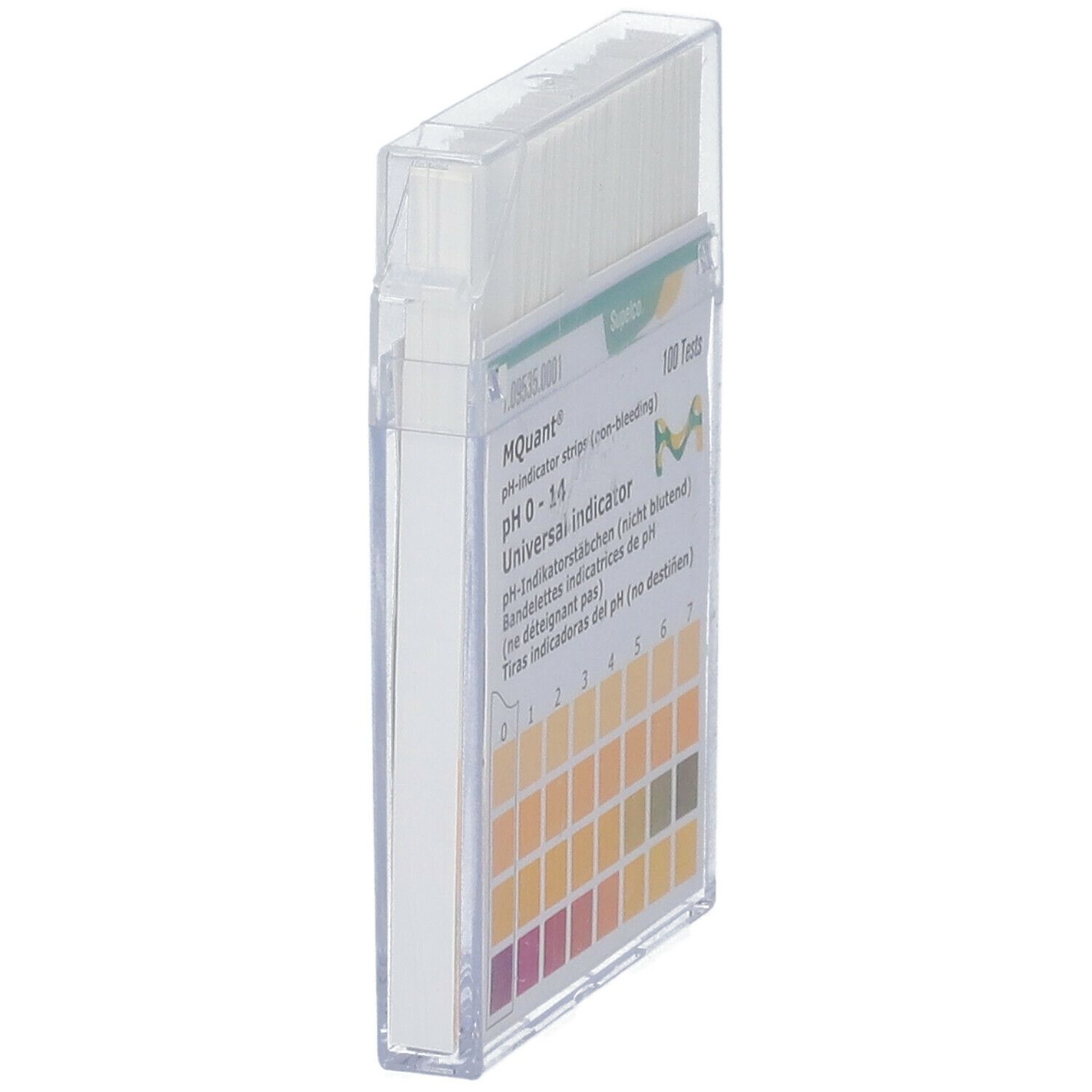 pH-indicatorstrips in transparante houder. Schaal 0-14. Merk: MQuant. Zijaanzicht.