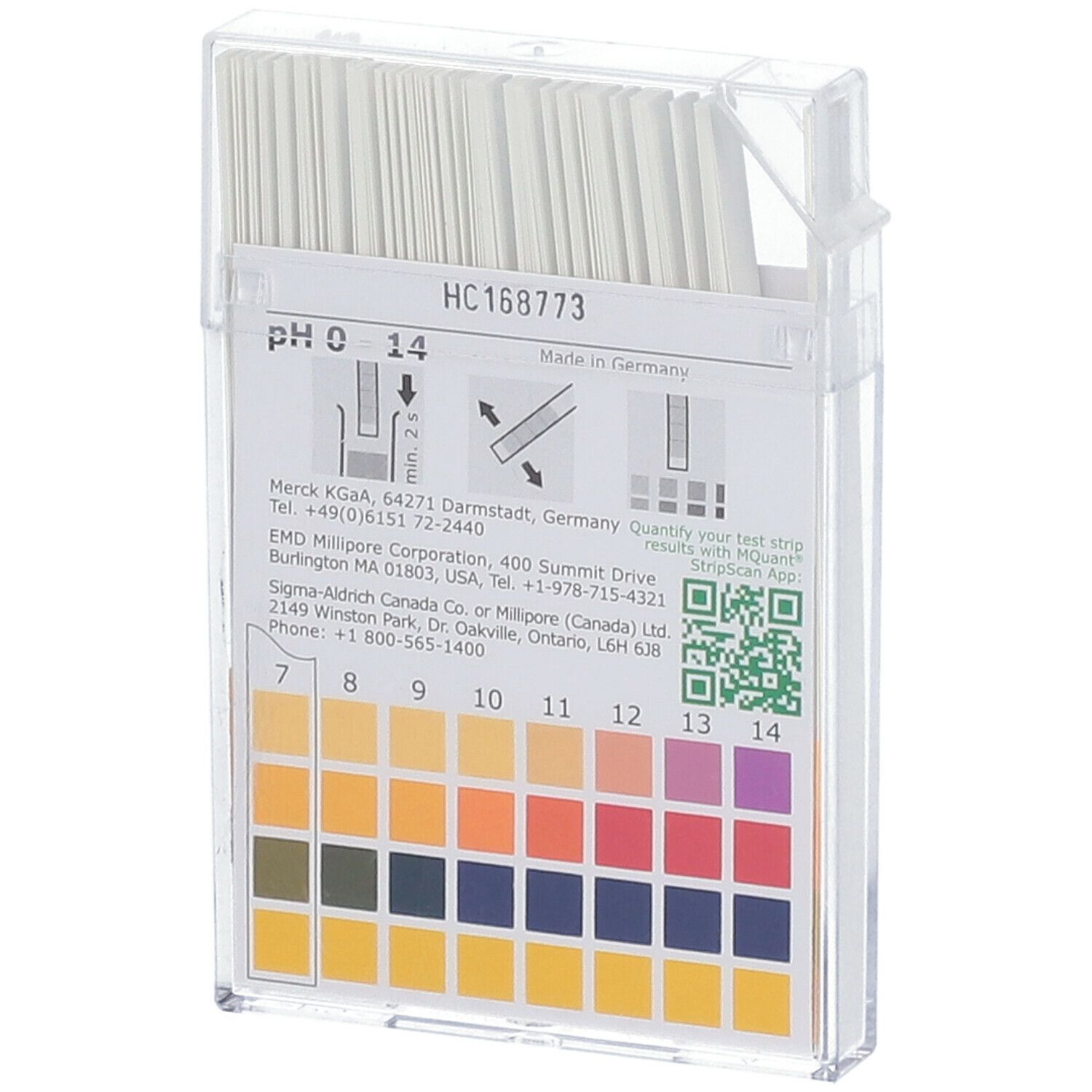 pH-indicatorstrips in transparante houder. Schaal 0-14. Gemaakt in Duitsland. QR-code.