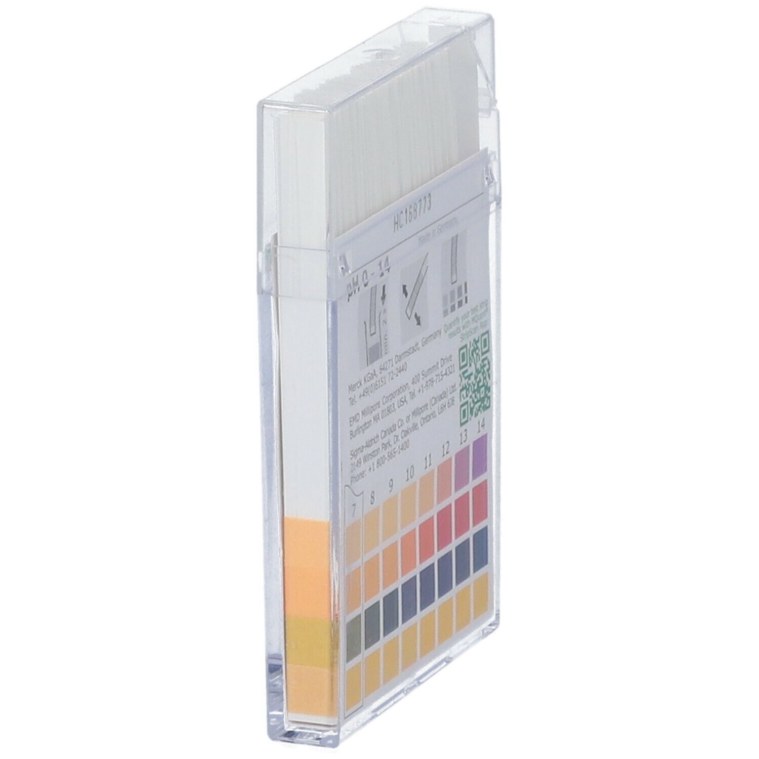 pH-indicatorstrips in transparante houder. Schaal 0-14. Zijaanzicht. QR-code.