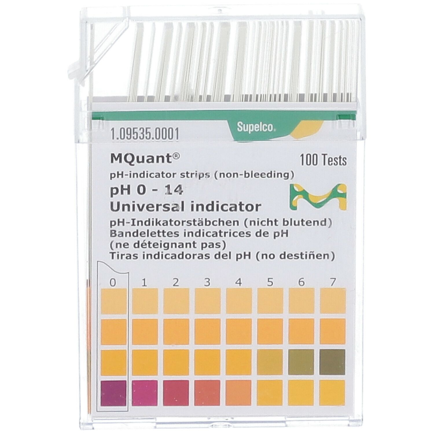 pH-indicatorstrips in transparante houder. Schaal 0-14. 100 tests. Merk: MQuant.