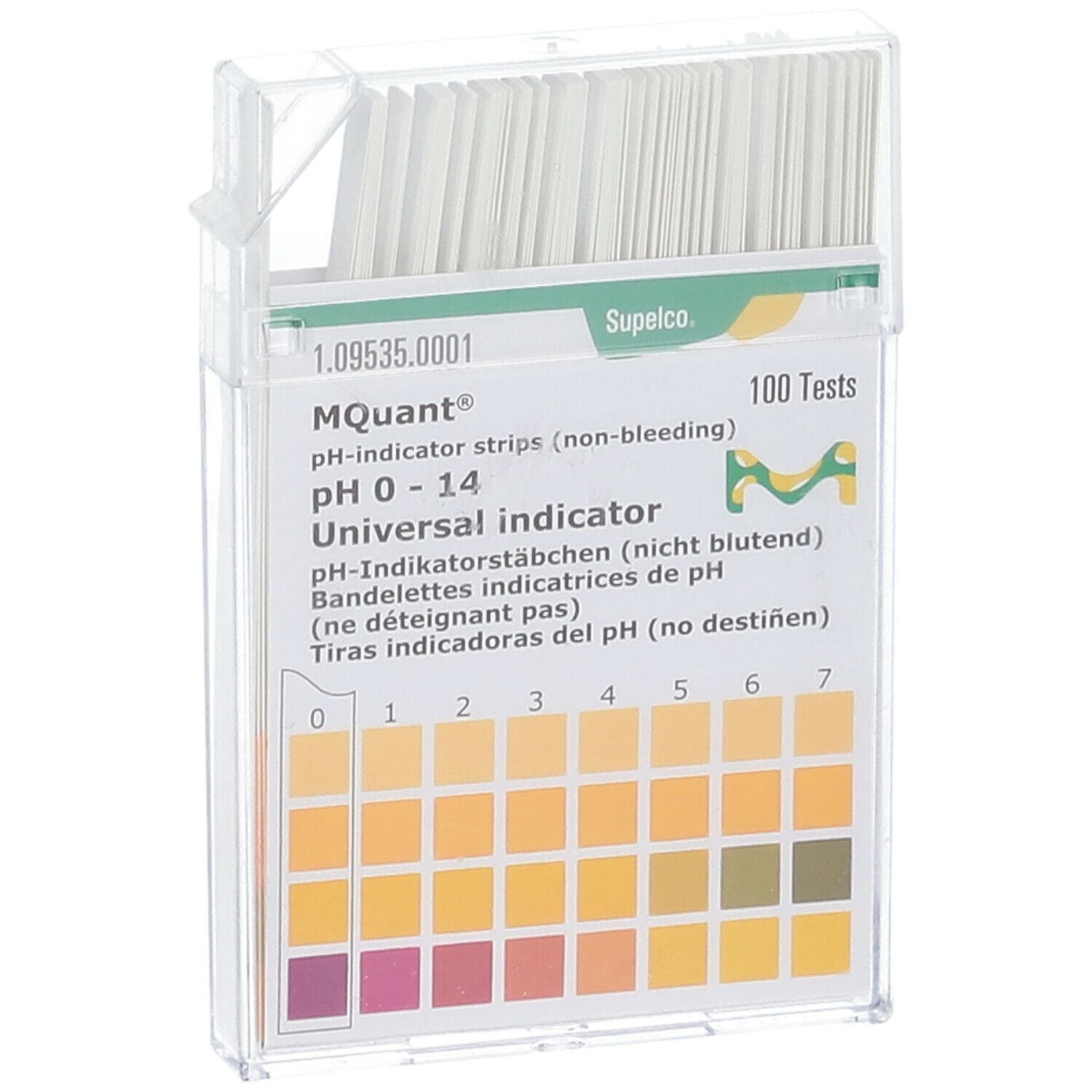 pH-indicatorstrips in transparante houder. Schaal 0-14. 100 tests. Merk: MQuant.