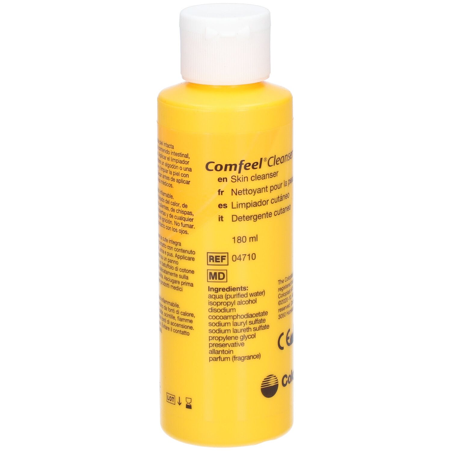 Flacon jaune avec bouchon blanc. Inscription: Comfeel Cleanser, 180 ml. Ingrédients. Logo Coloplast. Marque CE.