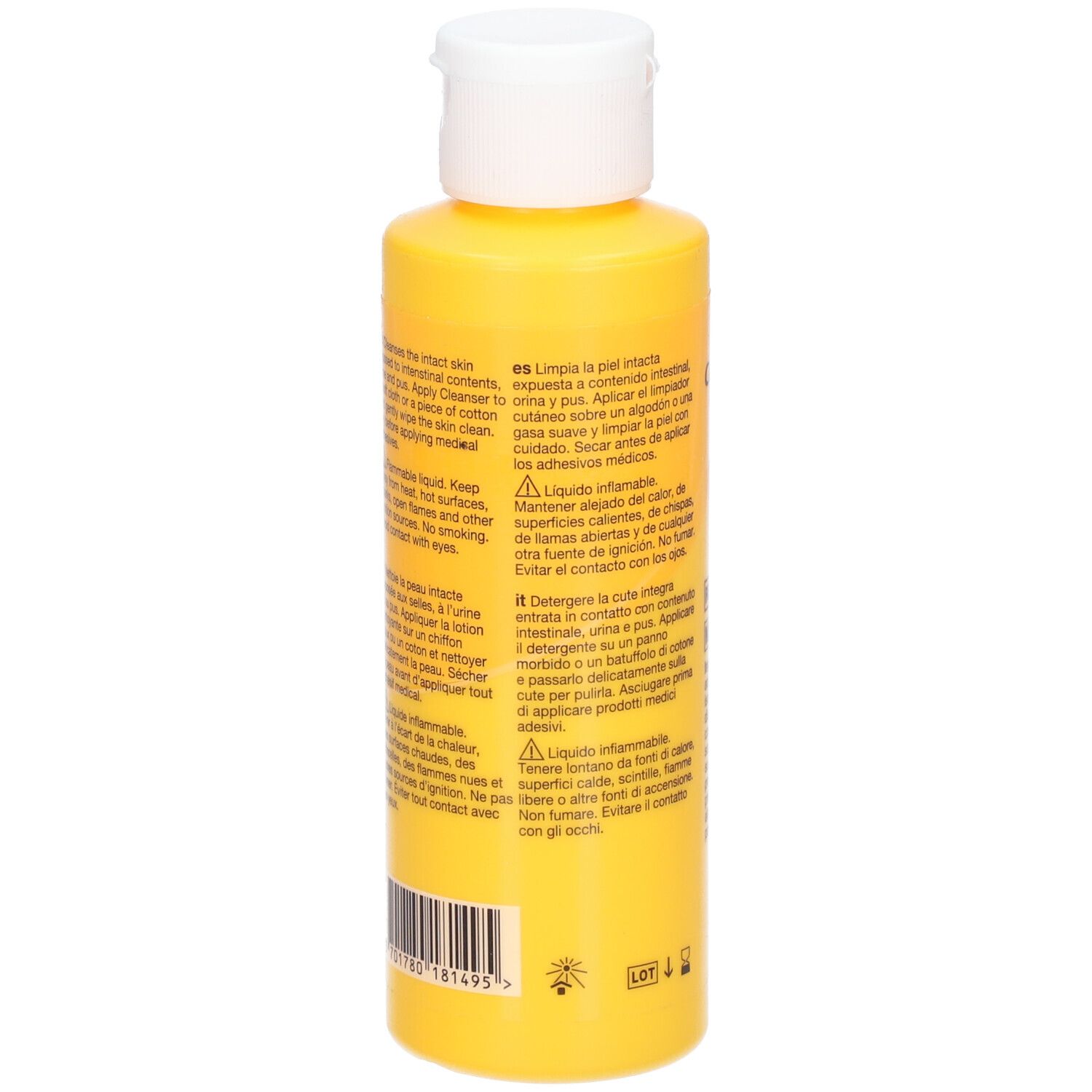 Flacon jaune avec bouchon blanc. Inscription: Comfeel Cleanser. Avertissements. Logo Coloplast. Marque CE.