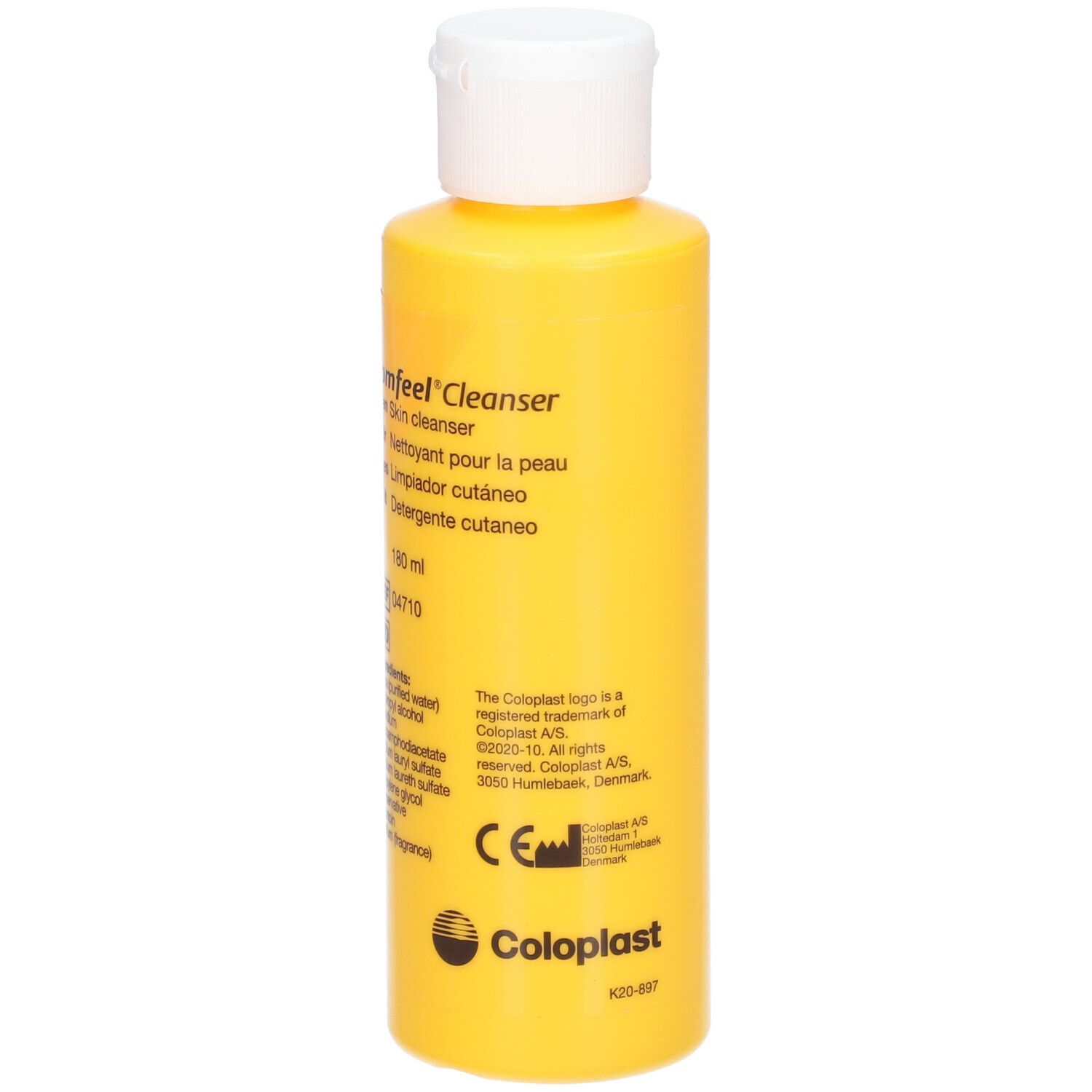 Flacon jaune avec bouchon blanc. Inscription: Comfeel Cleanser. Logo Coloplast. Marque CE.