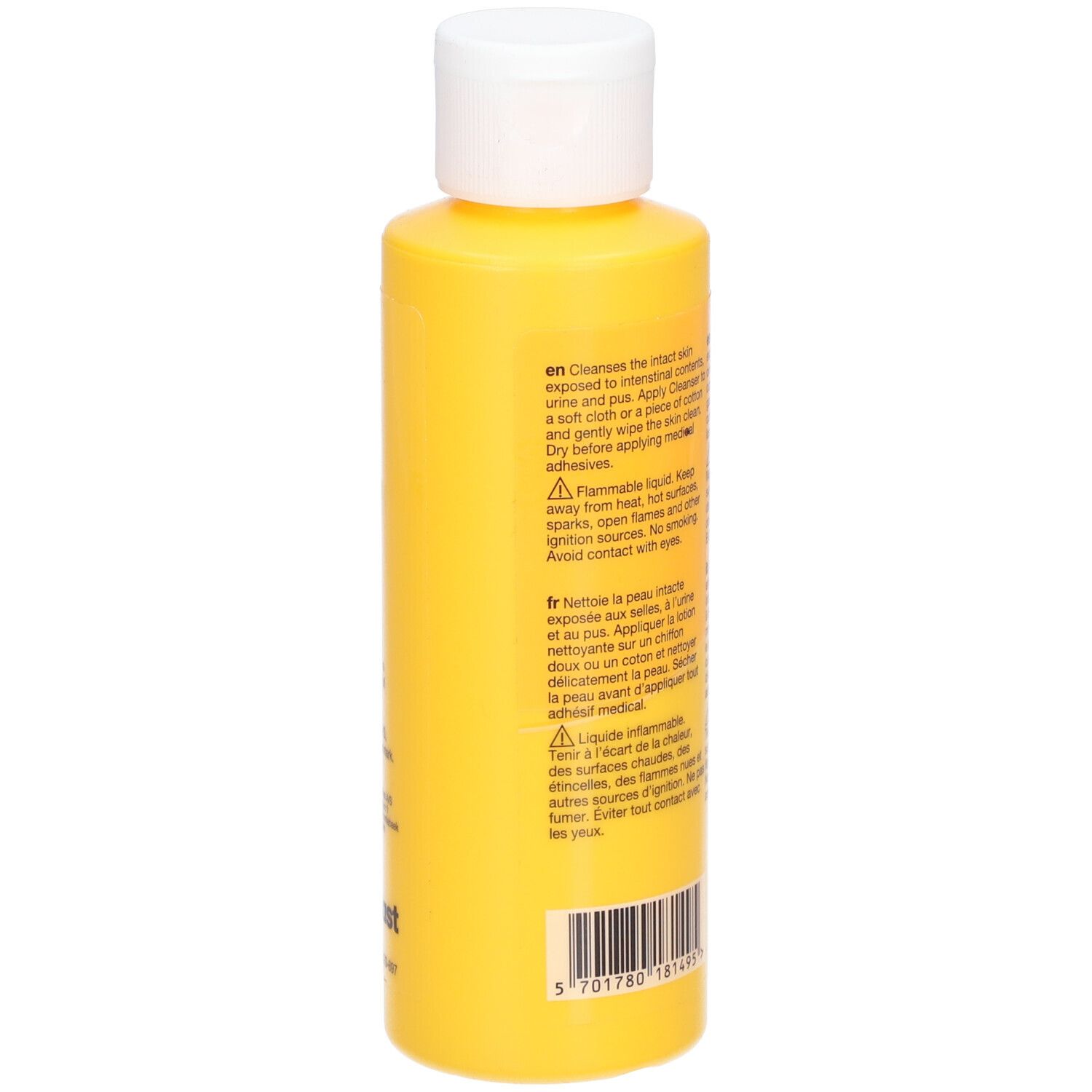 Flacon jaune avec bouchon blanc. Inscription: Comfeel Cleanser. Avertissements. Code-barres. Logo Coloplast.