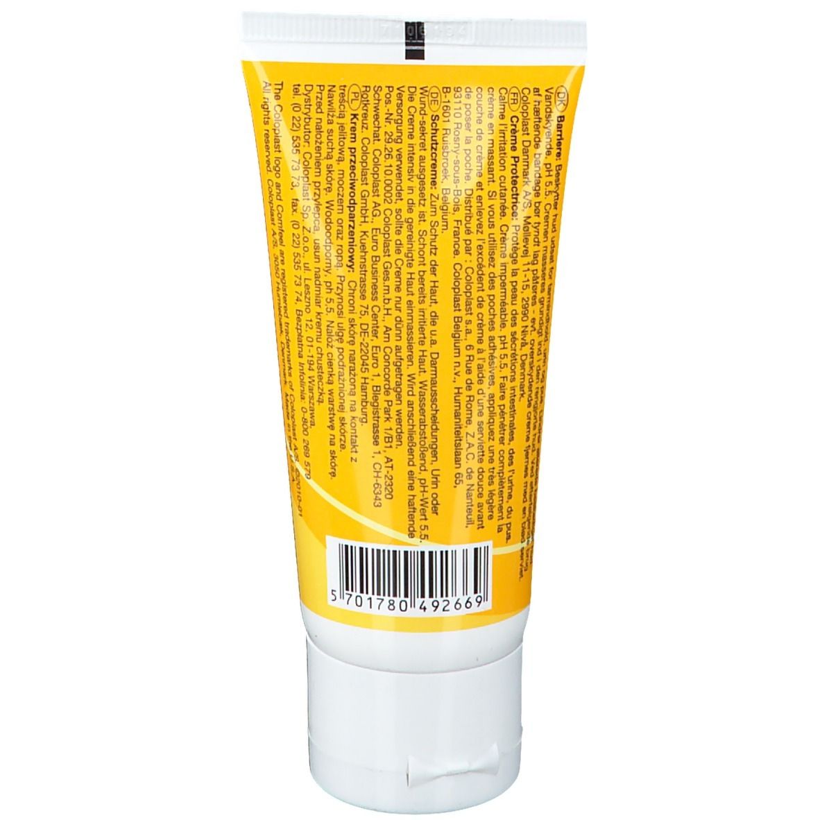 Achterkant van de gele tube Comfeel Barrier Cream. Tekst en barcode. Fabrikantinformatie.