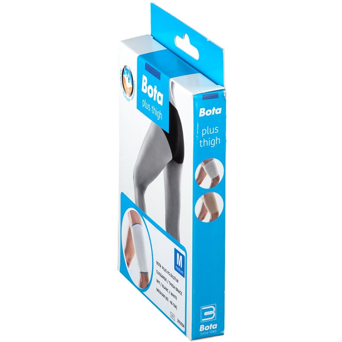 Vue latérale de l'emballage Bota Plus Thigh. Jambe avec attelle de cuisse. Texte : Bota plus thigh, Medium.