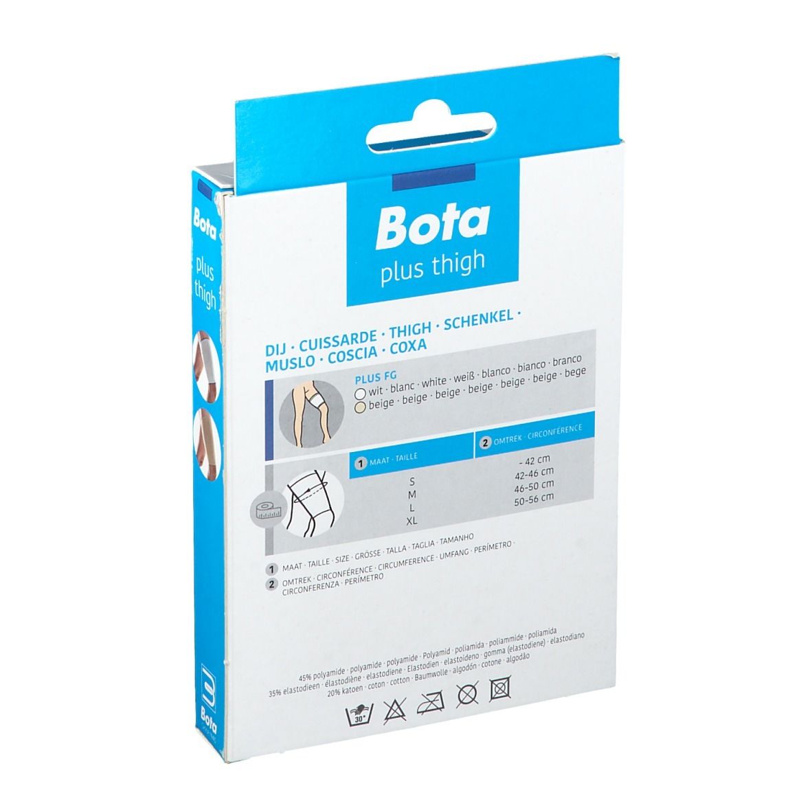 Dos de l'emballage Bota Plus Thigh. Tableau des tailles et informations produit. Texte : Bota plus thigh.