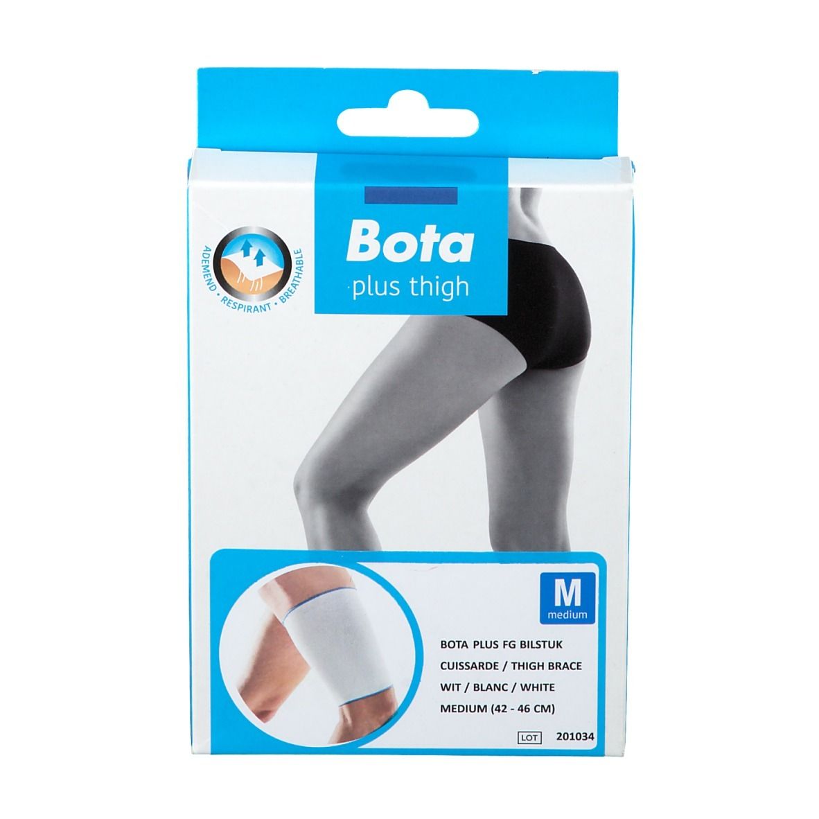 Emballage Bota Plus Thigh, blanc, Medium. Jambe avec attelle de cuisse. Texte : Bota plus thigh, Medium.