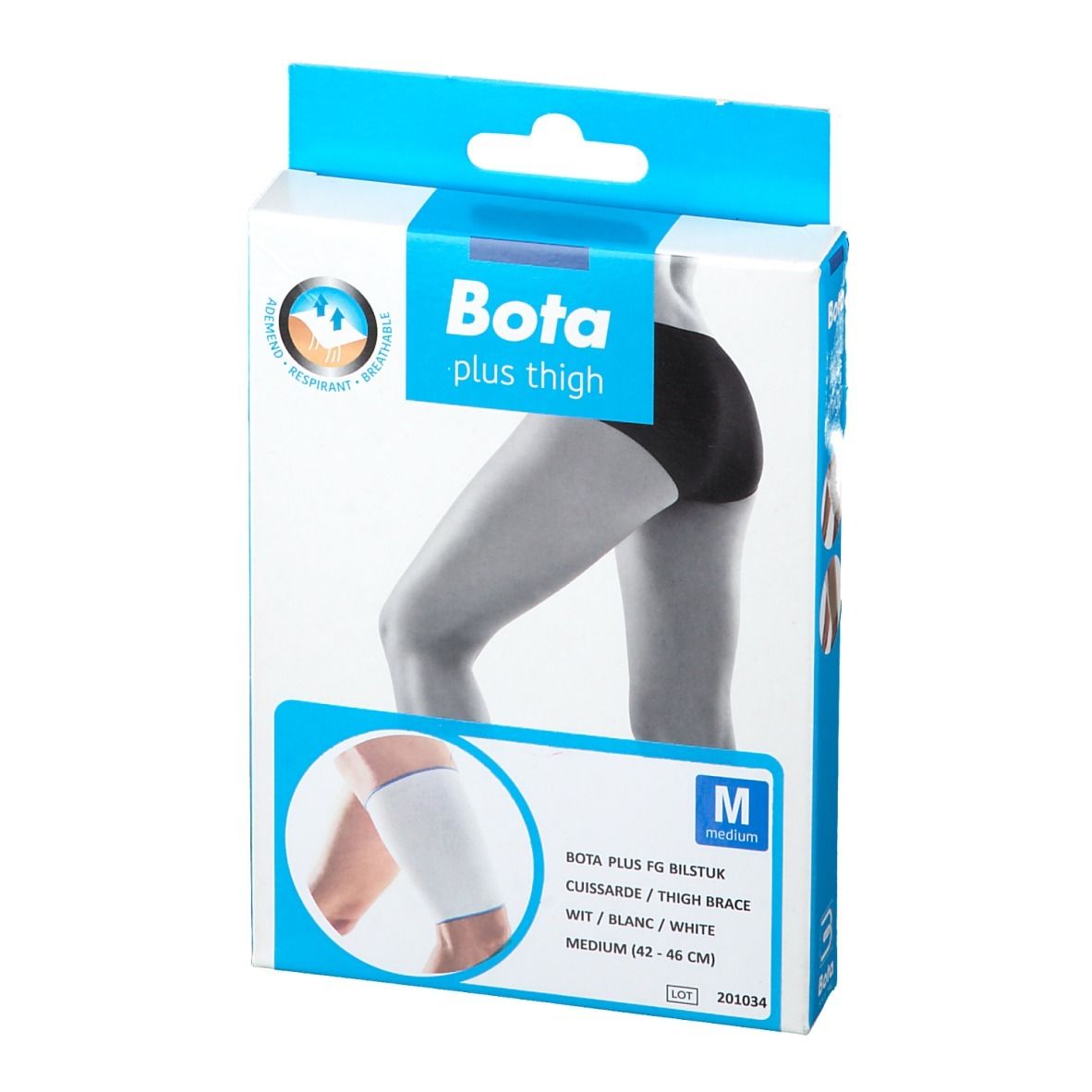 Emballage Bota Plus Thigh, blanc, Medium. Jambe avec attelle de cuisse. Texte : Bota plus thigh, Medium.