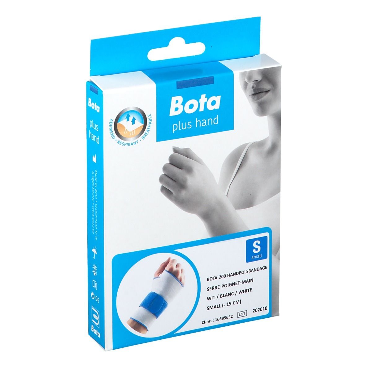 Boîte Bota plus hand. Attelle de poignet blanche et bleue, taille S. Nom et logo du produit visibles.