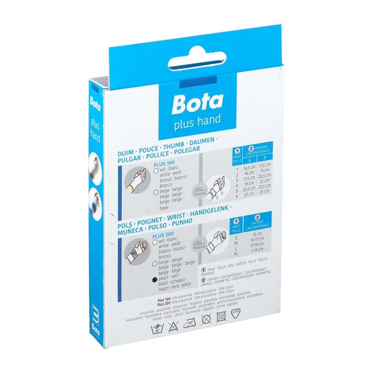 Dos de la boîte Bota plus hand. Informations sur les tailles des attelles de poignet. Nom et logo.