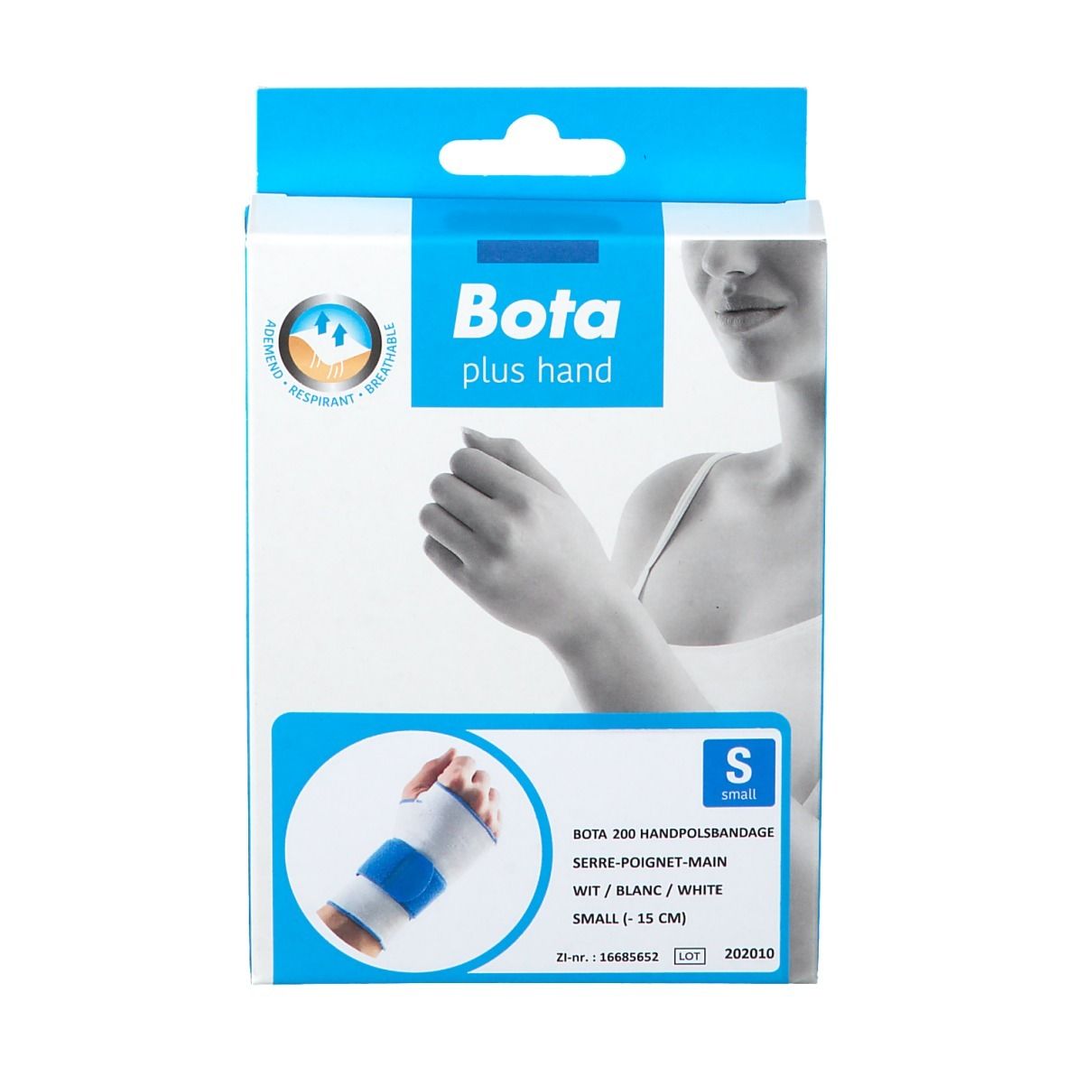 Boîte Bota plus hand. Attelle de poignet blanche et bleue, taille S. Nom et logo du produit visibles.
