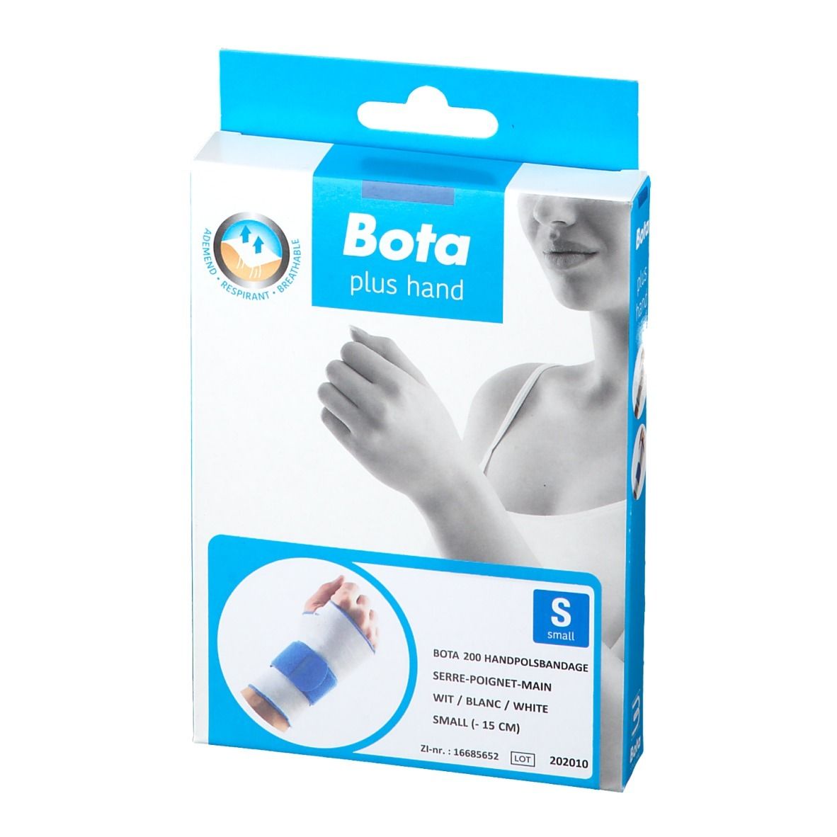 Boîte Bota plus hand. Attelle de poignet blanche et bleue, taille S. Nom et logo du produit visibles.