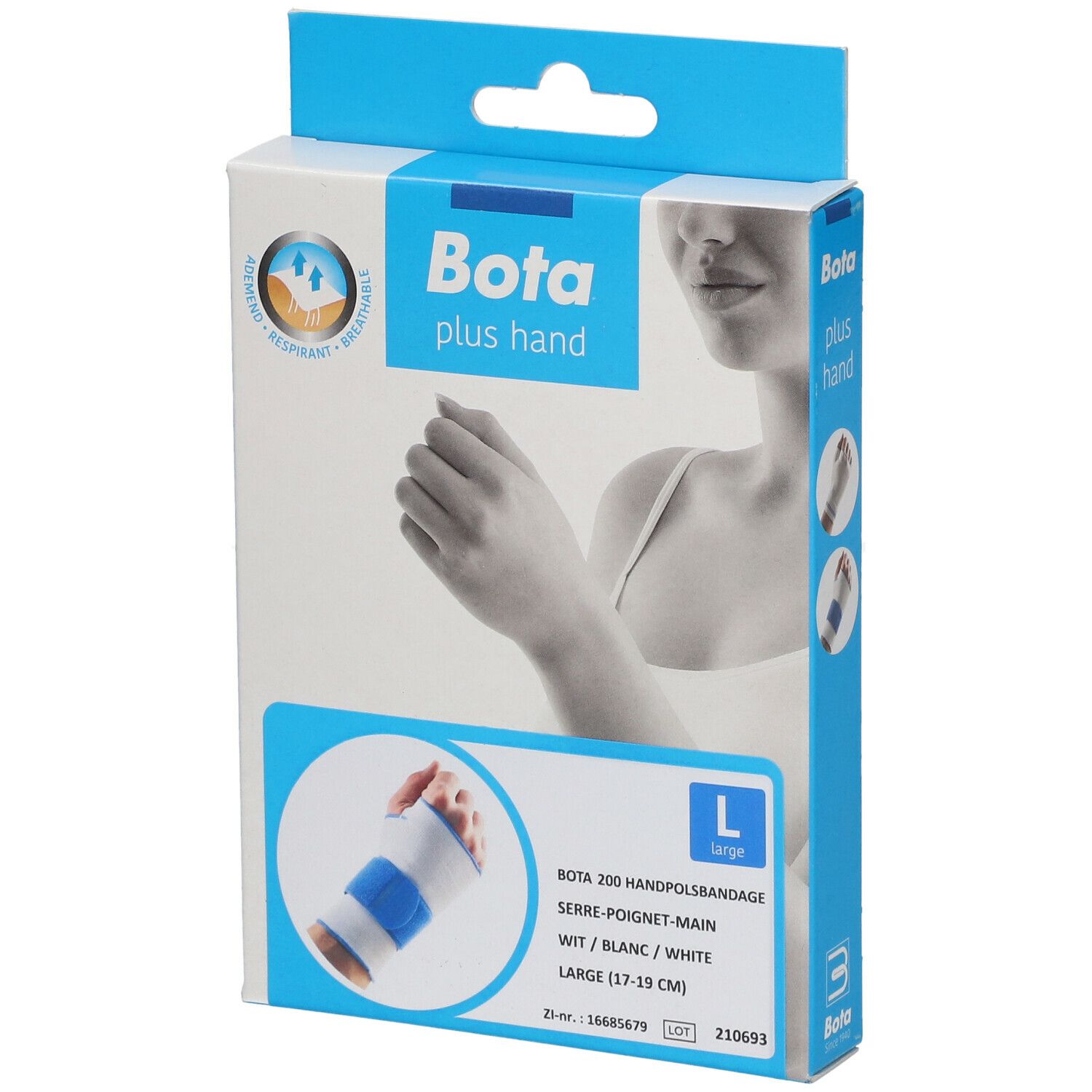 Emballage de la Bota Handgelenksbandage. Inscription : Bota plus hand, L, Bota 200 Handpolband. Design blanc et bleu.