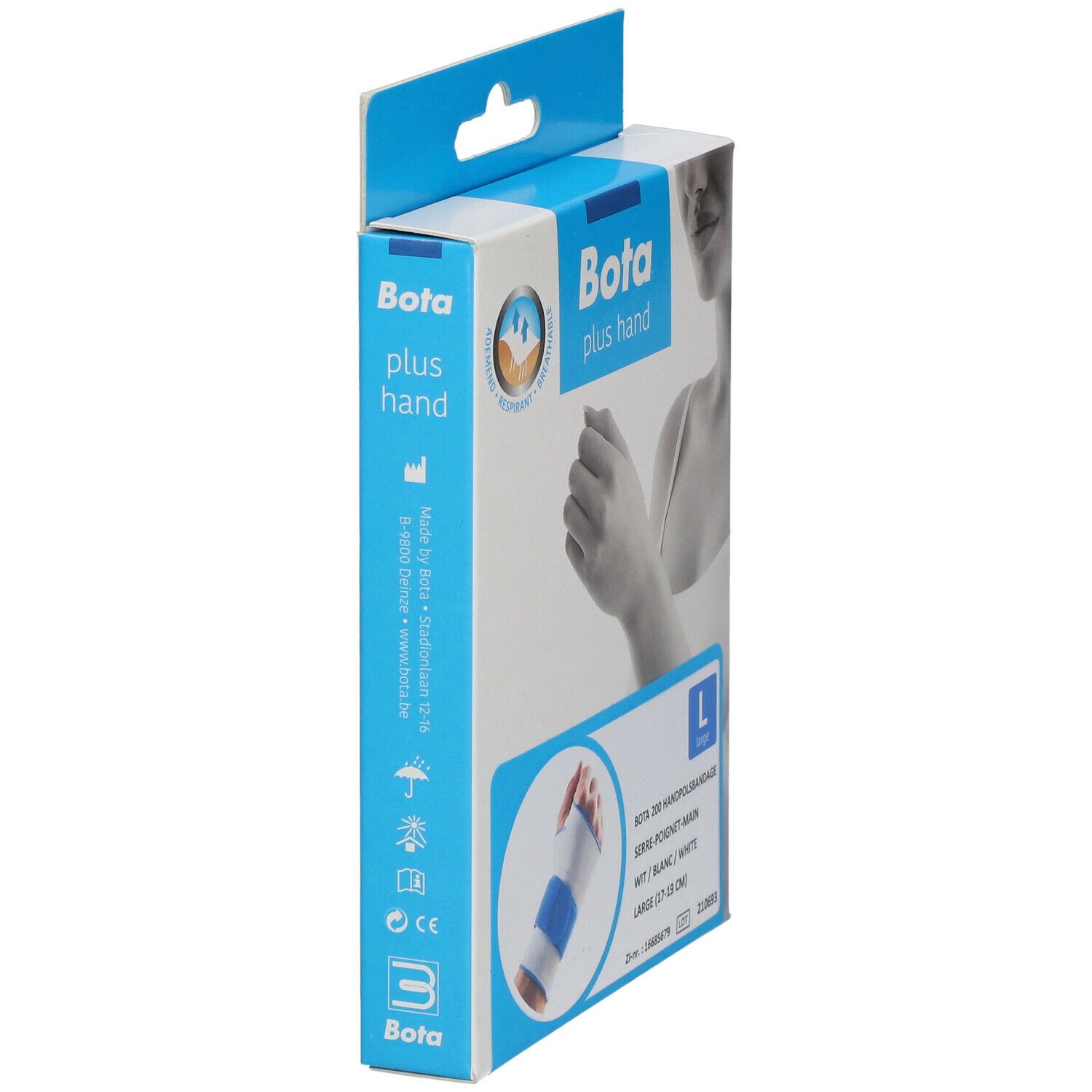 Vue latérale de l'emballage Bota Handgelenksbandage. Inscription : Bota plus hand, L, Bota 200 Handpolband. Design blanc et bleu.