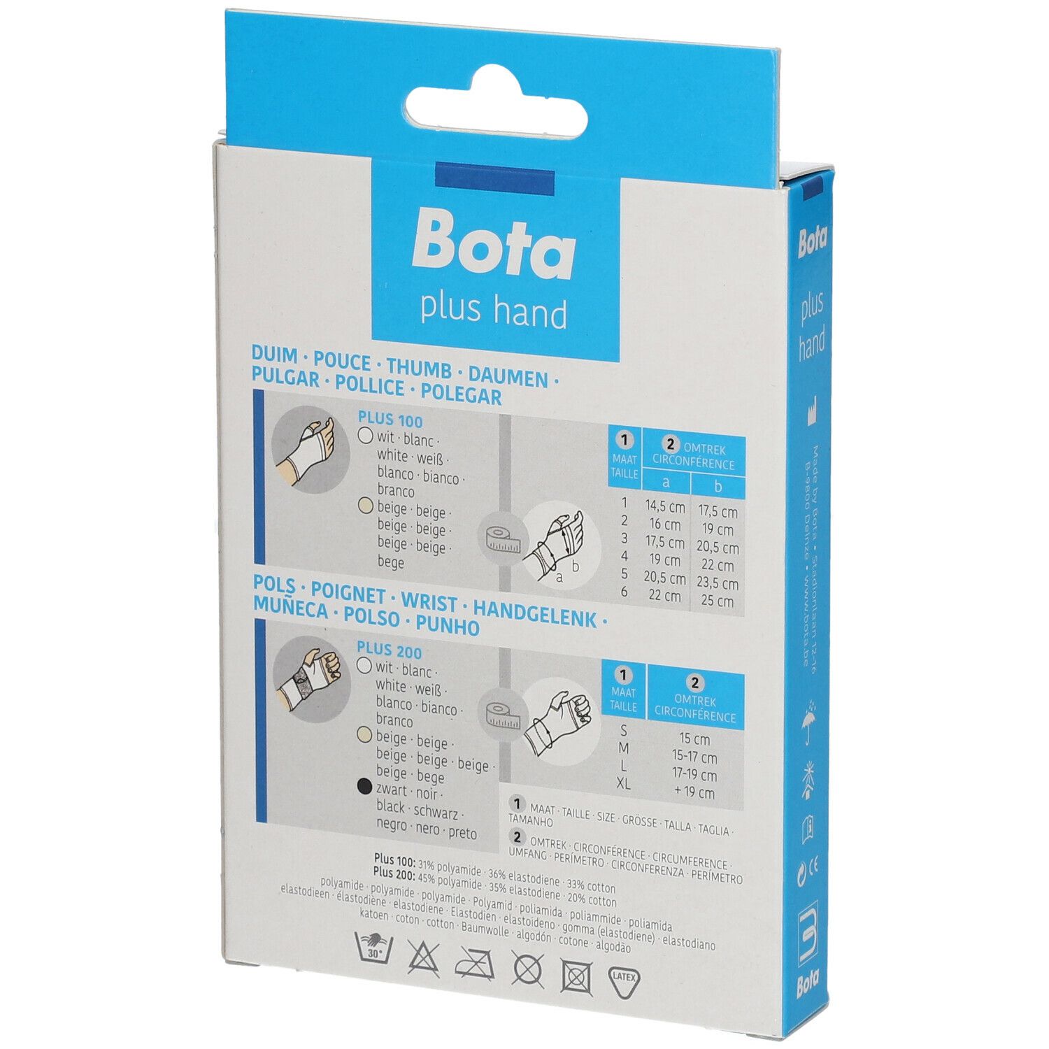 Dos de l'emballage Bota Handgelenksbandage. Diagrammes et informations sur les tailles et les matériaux. Désignations de produits.