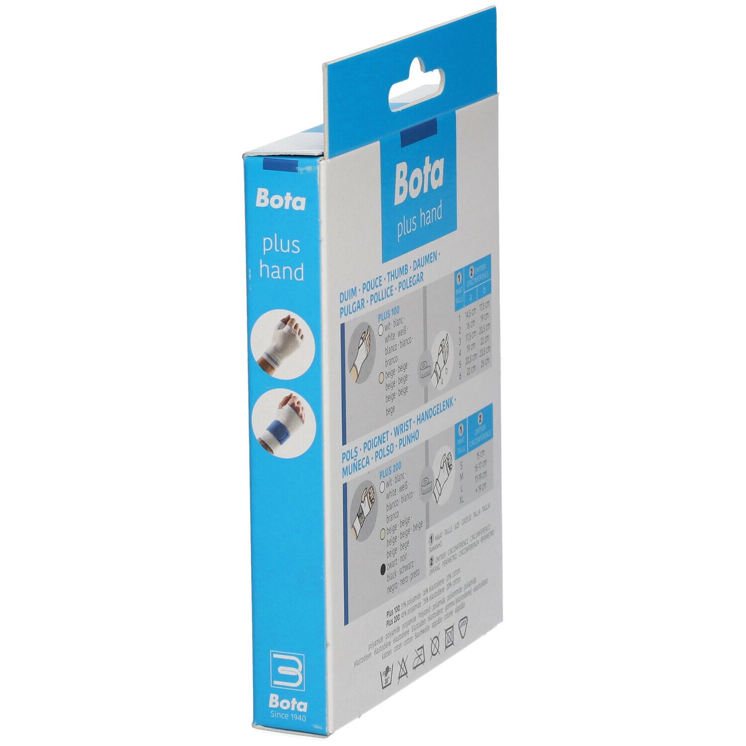 Vue latérale de l'emballage Bota Handgelenksbandage. Diagrammes et informations sur les tailles et les matériaux. Désignations de produits.