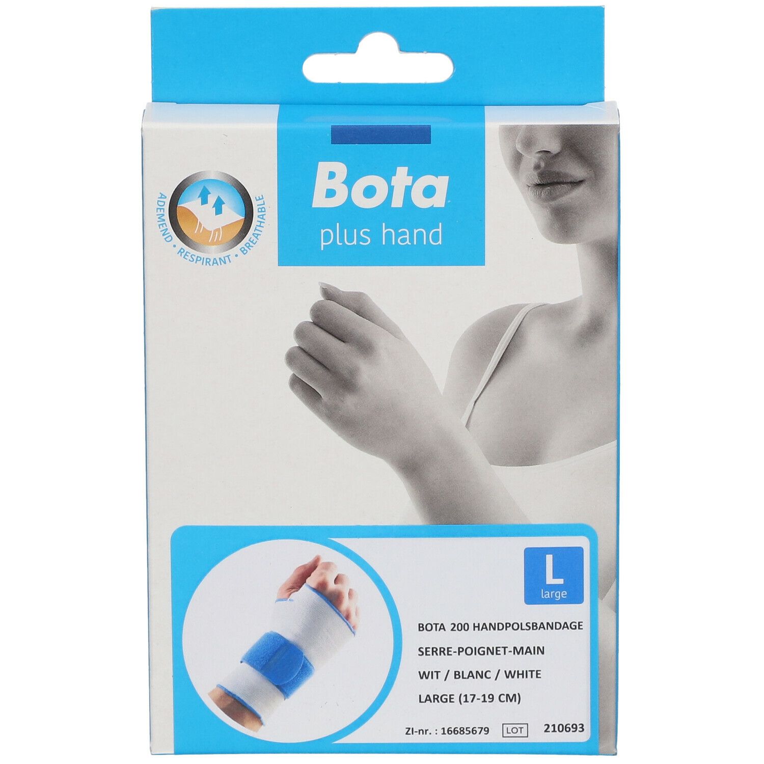 Vue de face de l'emballage Bota Handgelenksbandage. Inscription : Bota plus hand, L, Bota 200 Handpolband. Design blanc et bleu.