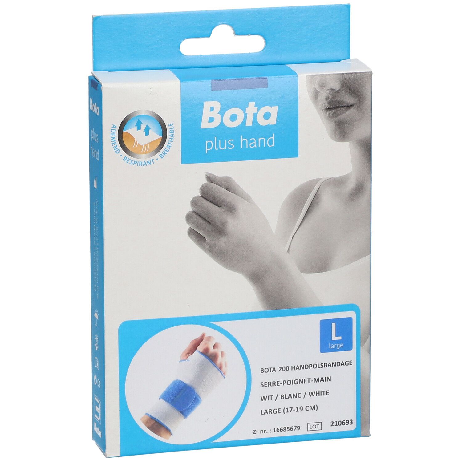 Vue de face de l'emballage Bota Handgelenksbandage. Inscription : Bota plus hand, L, Bota 200 Handpolband. Design blanc et bleu.