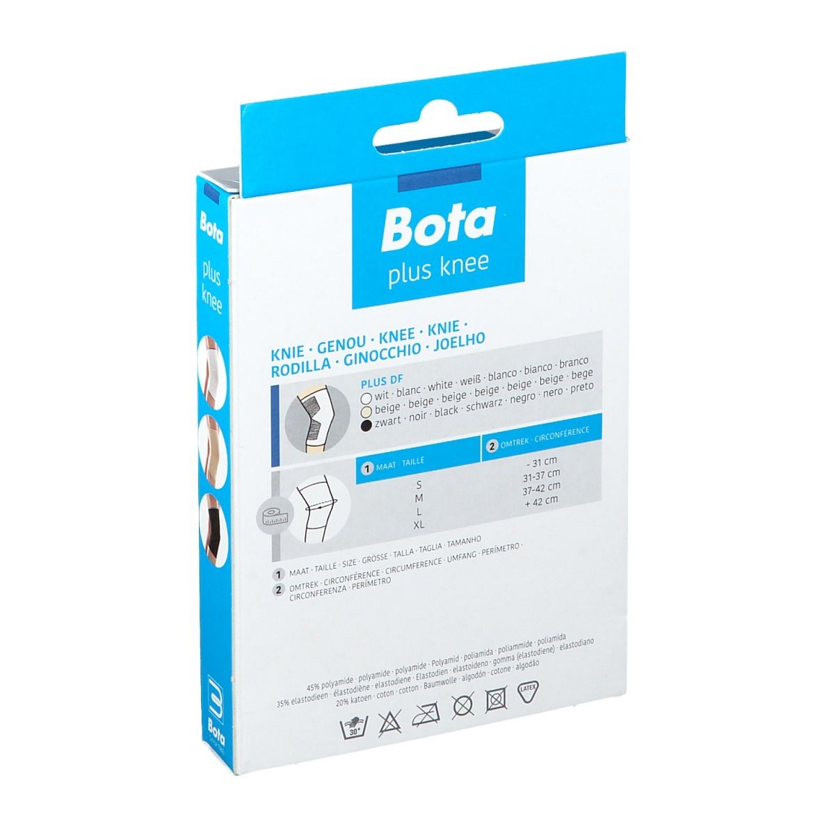 Dos de l'emballage de la genouillère Bota Plus. Indications de taille, informations produit en plusieurs langues.