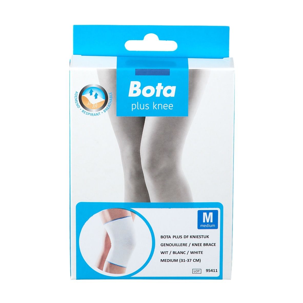 Genouillère Bota Plus dans son emballage, blanche, taille M. Inscriptions : logo, nom du produit, taille, image du produit.