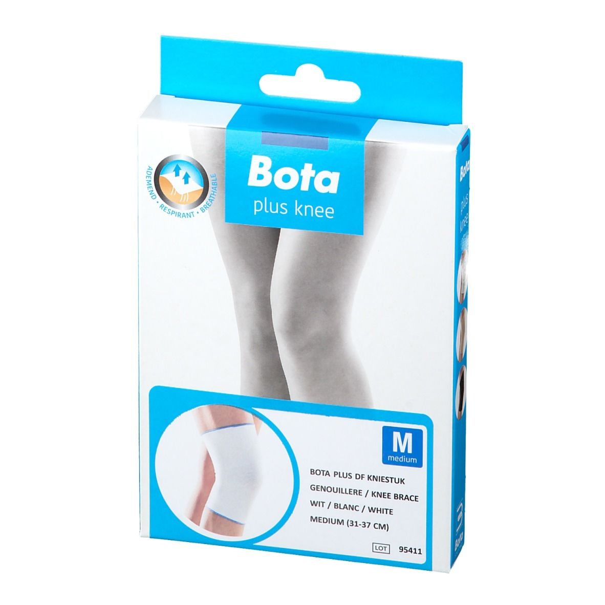 Genouillère Bota Plus dans son emballage, blanche, taille M. Inscriptions : logo, nom du produit, taille, image du produit.