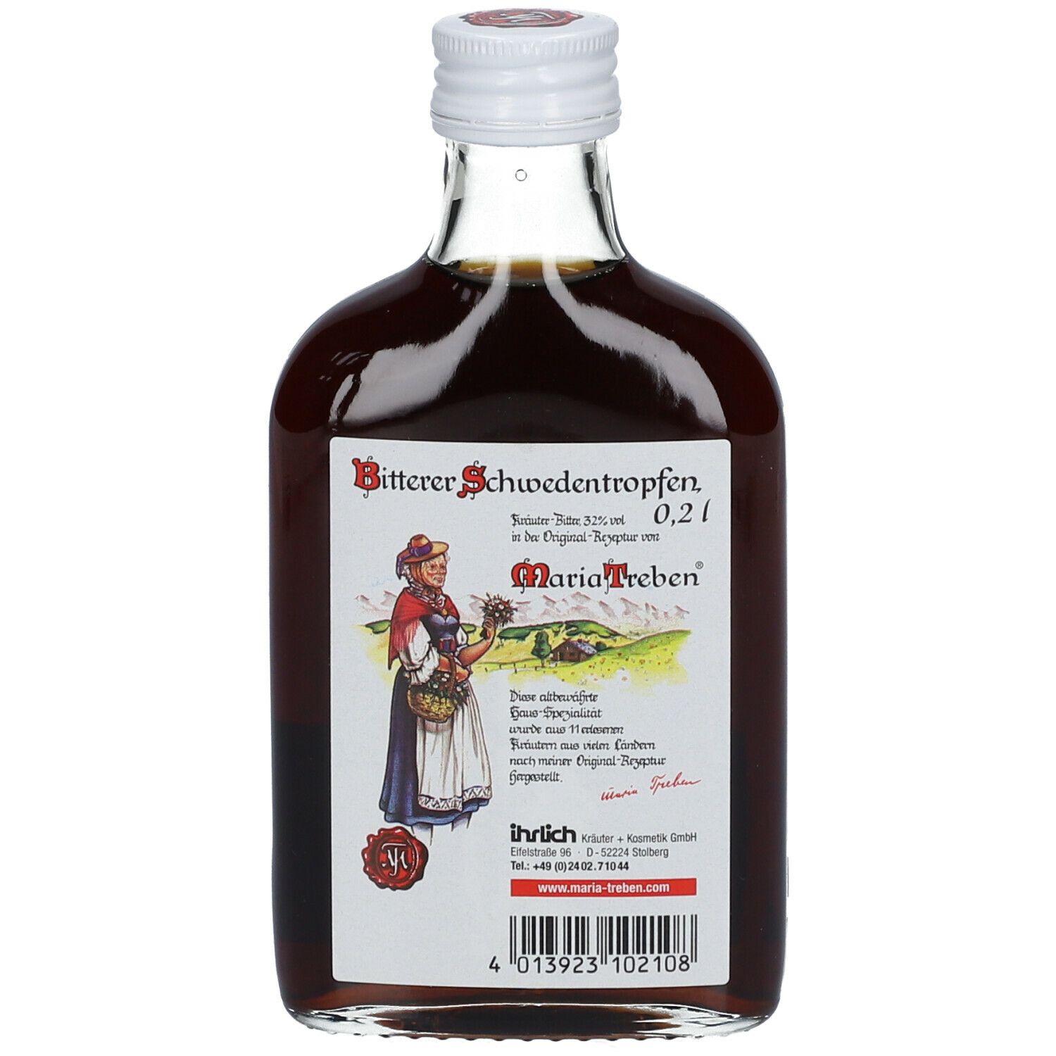 Glazen fles met bruine vloeistof. Etiket met tekst en afbeelding van een vrouw. Witte sluiting.