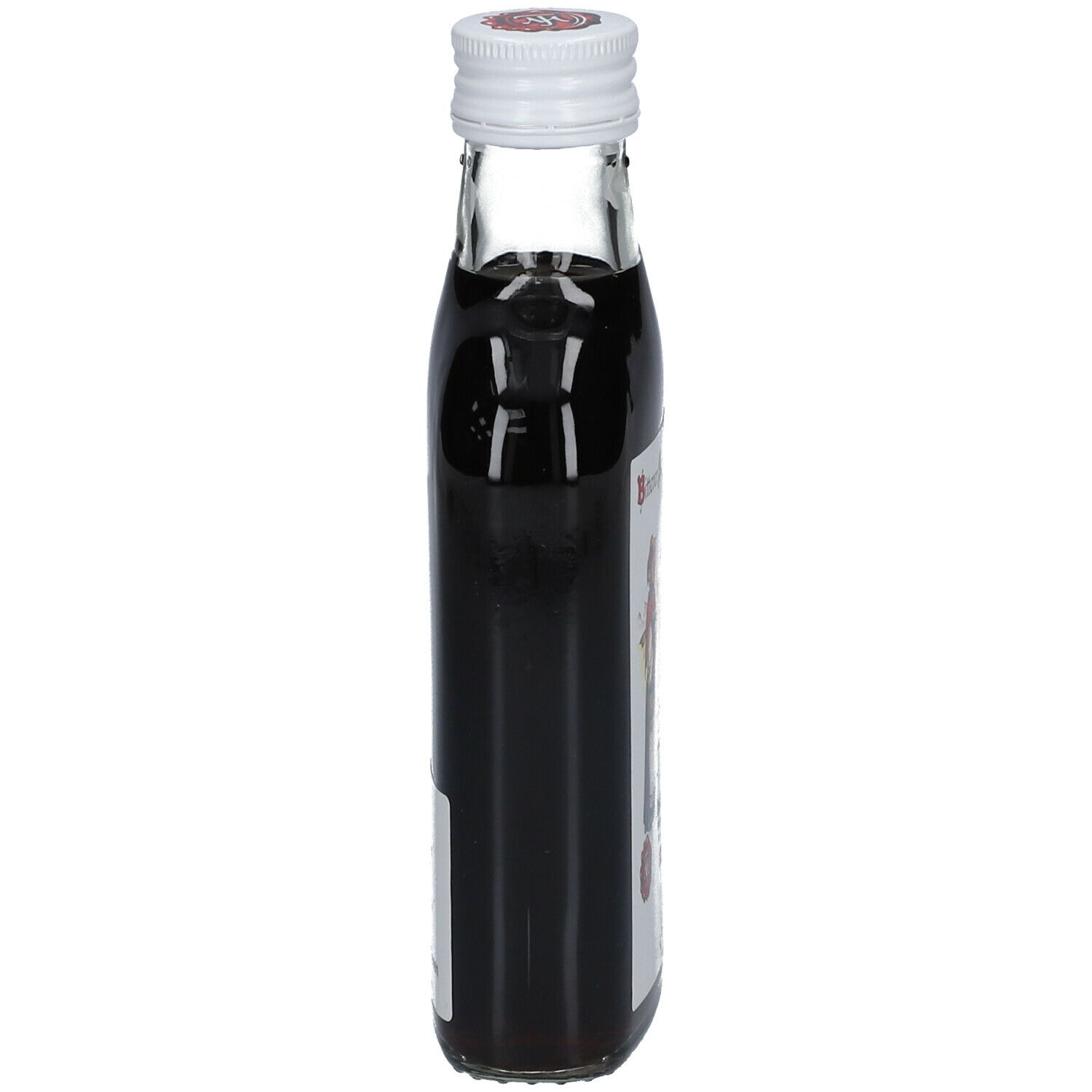 Smalle glazen fles met bruine vloeistof. Witte sluiting. Etiket gedeeltelijk zichtbaar.
