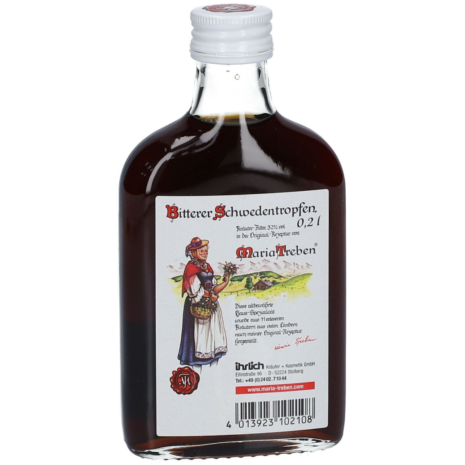 Glazen fles met bruine vloeistof. Etiket met tekst en afbeelding van een vrouw. Witte sluiting.