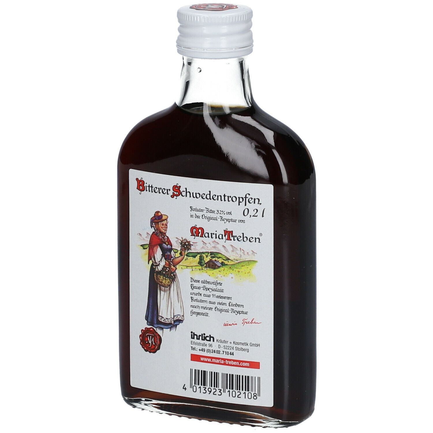 Glazen fles met bruine vloeistof. Etiket met tekst en afbeelding van een vrouw. Witte sluiting.