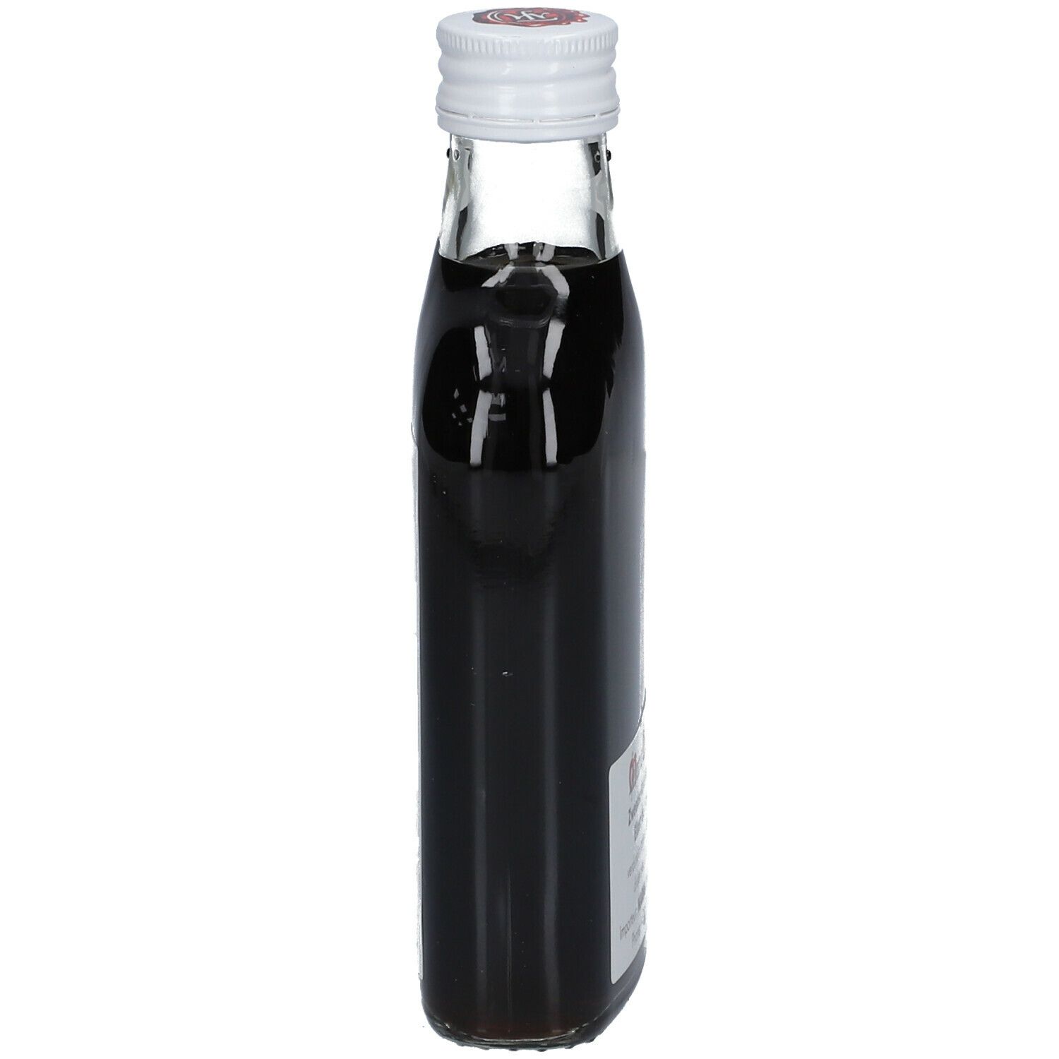 Smalle glazen fles met bruine vloeistof. Witte sluiting. Etiket gedeeltelijk zichtbaar.