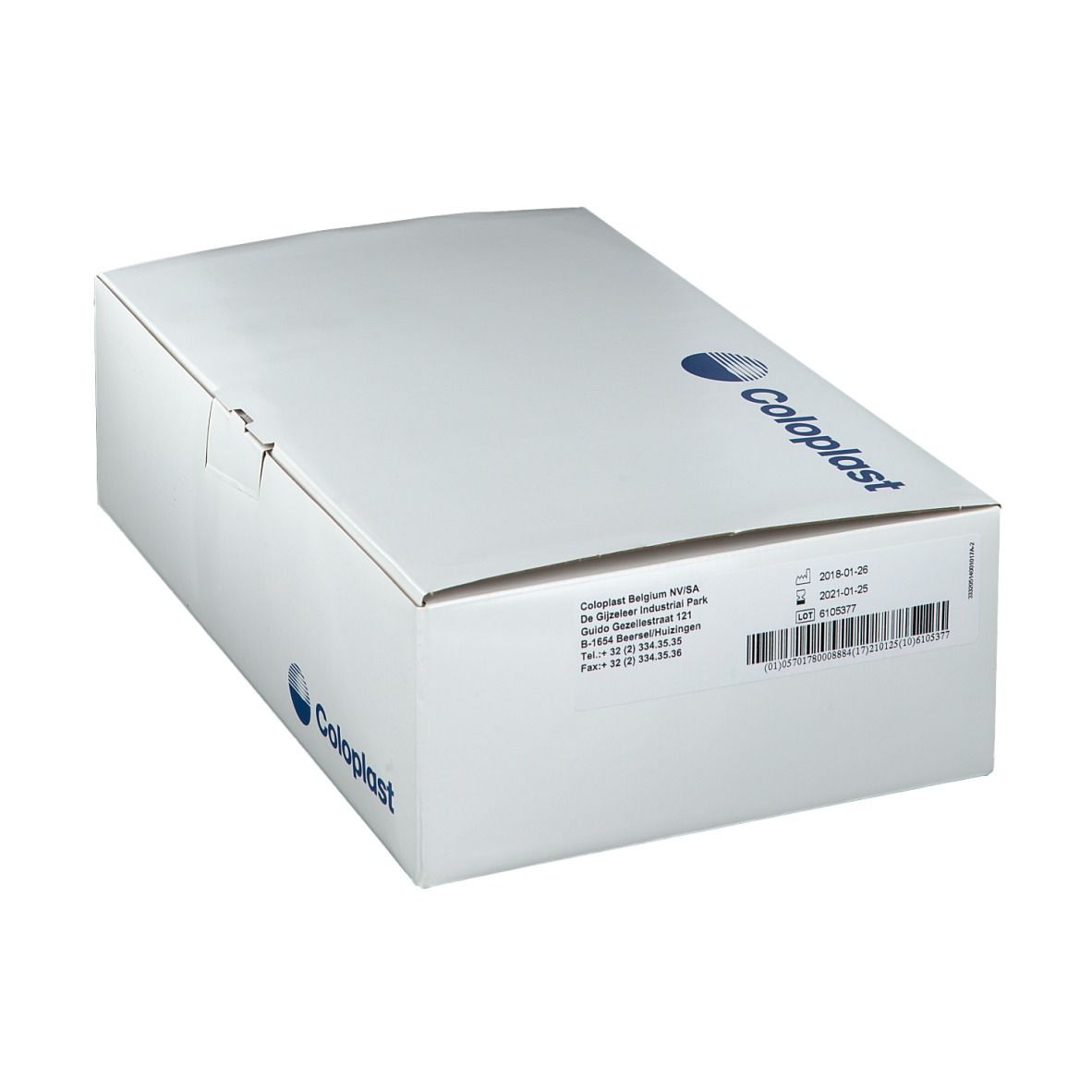 Boîte blanche avec logo Coloplast. Informations et code-barres sur le côté.
