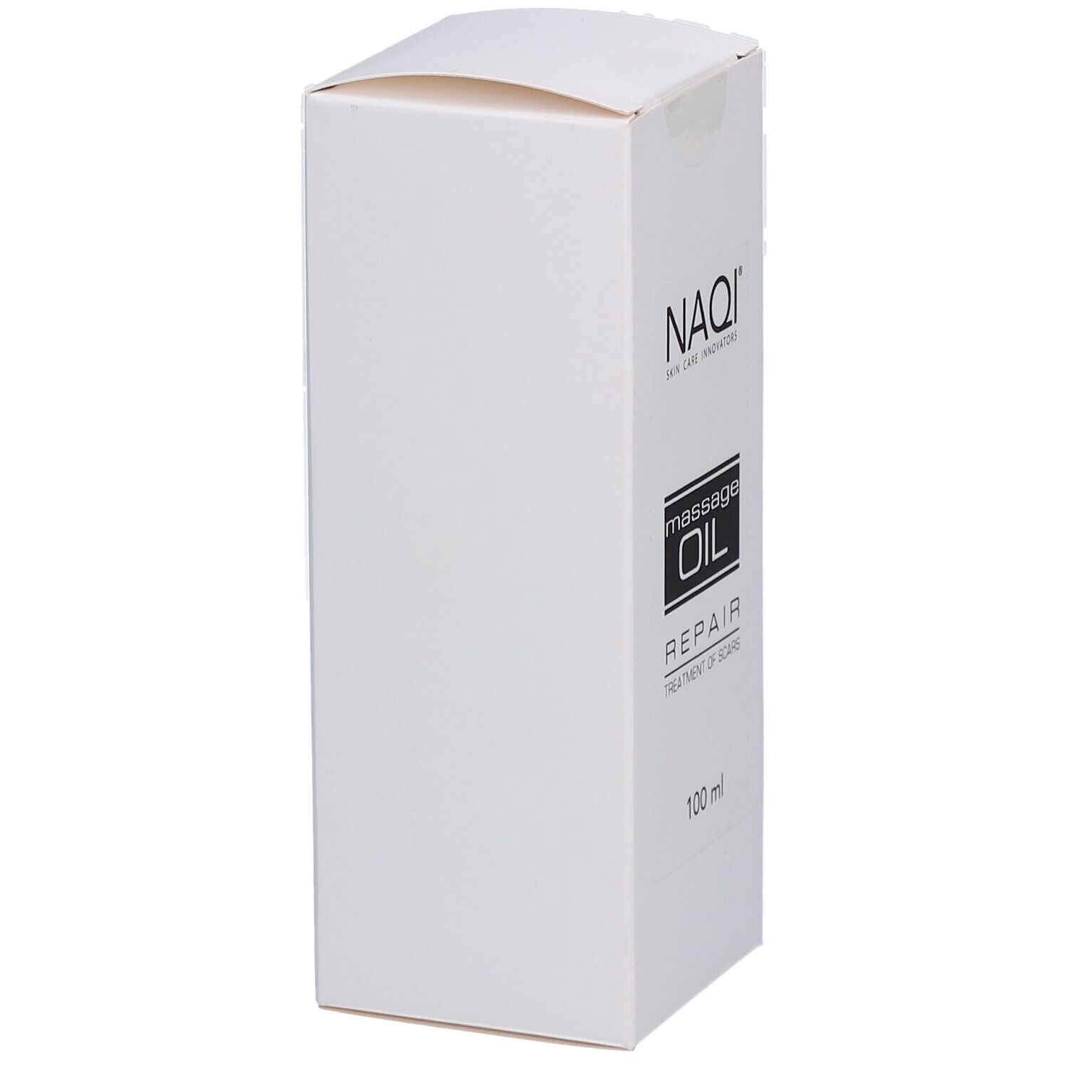Emballage blanc du produit avec logo NAQI. Vue latérale. Texte : Massage Oil Repair, 100 ml.