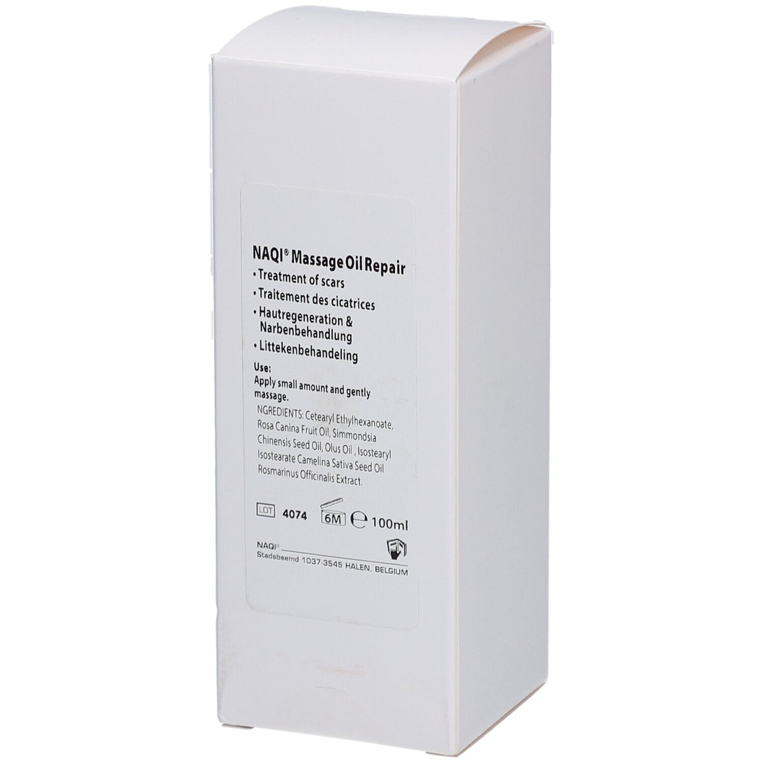 Emballage blanc avec informations produit. Texte : NAQI MassageOil Repair, ingrédients, 100ml.