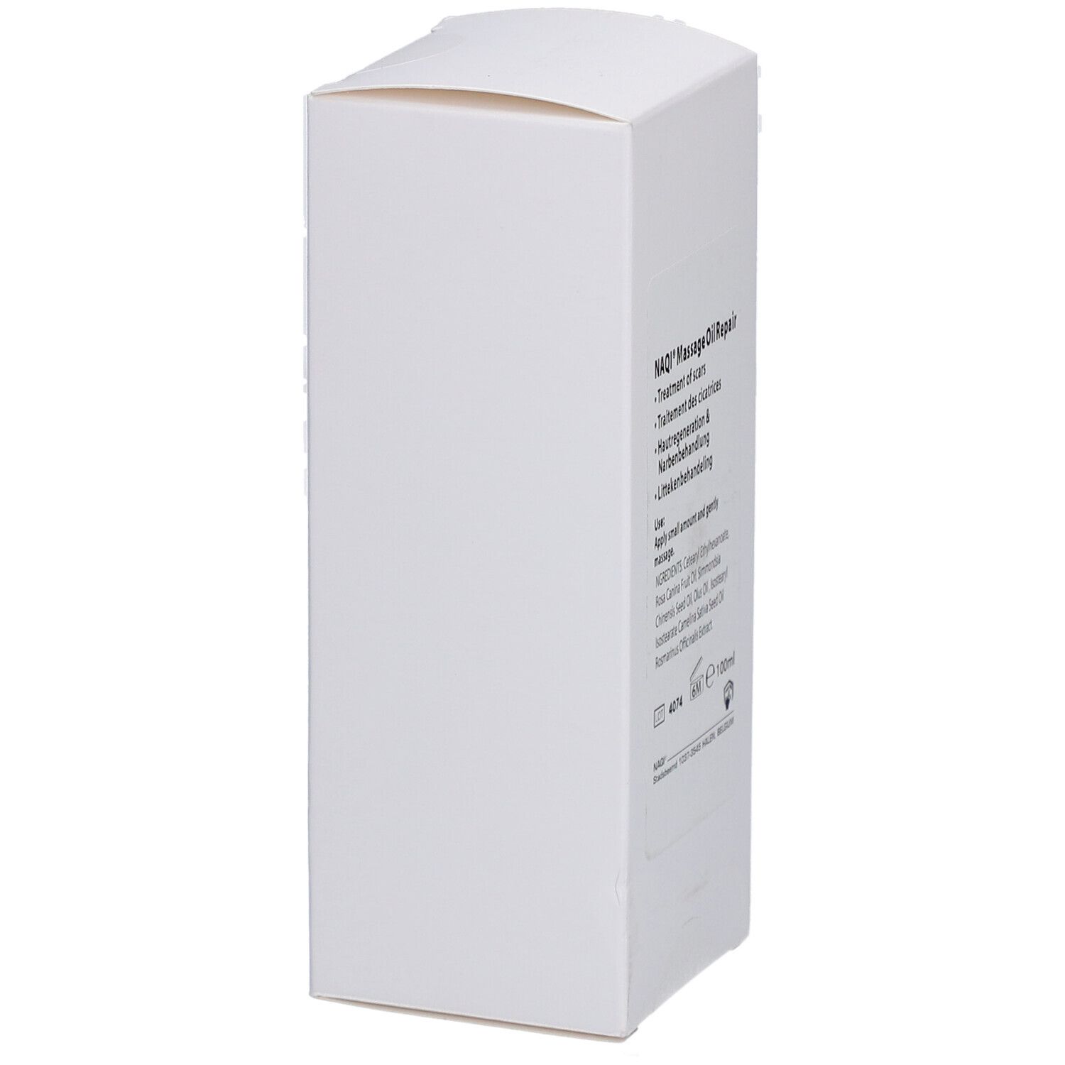 Emballage blanc avec informations produit. Texte : NAQI MassageOil Repair, ingrédients, 100ml.
