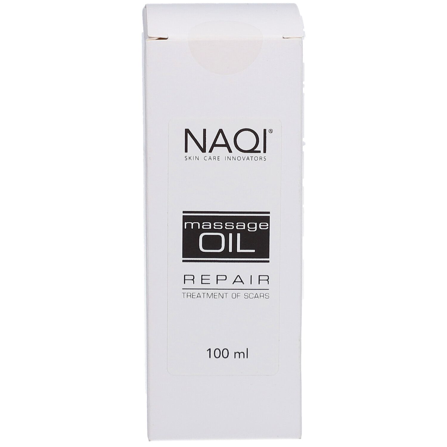 Emballage blanc avec logo NAQI et nom du produit. Texte : Massage Oil Repair, 100 ml.