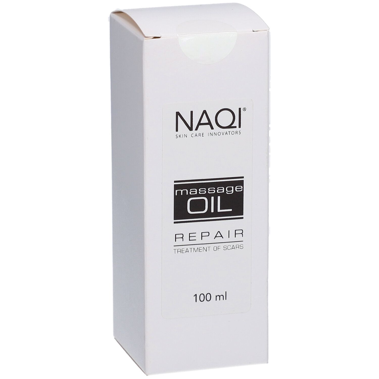 Emballage blanc avec logo NAQI et nom du produit. Texte : Massage Oil Repair, 100 ml.