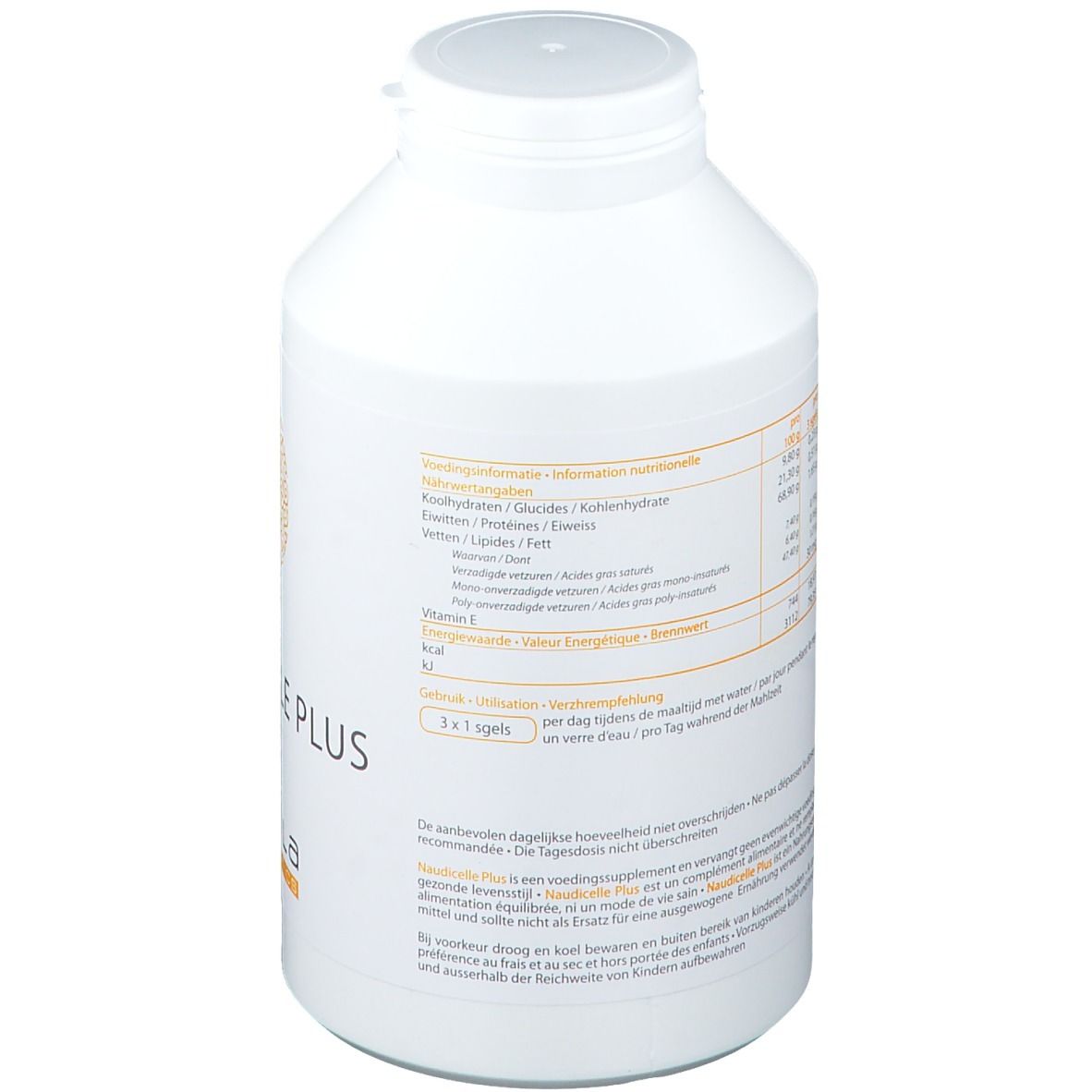 Bouteille blanche avec étiquette jaune. Texte avec informations nutritionnelles et instructions de dosage.
