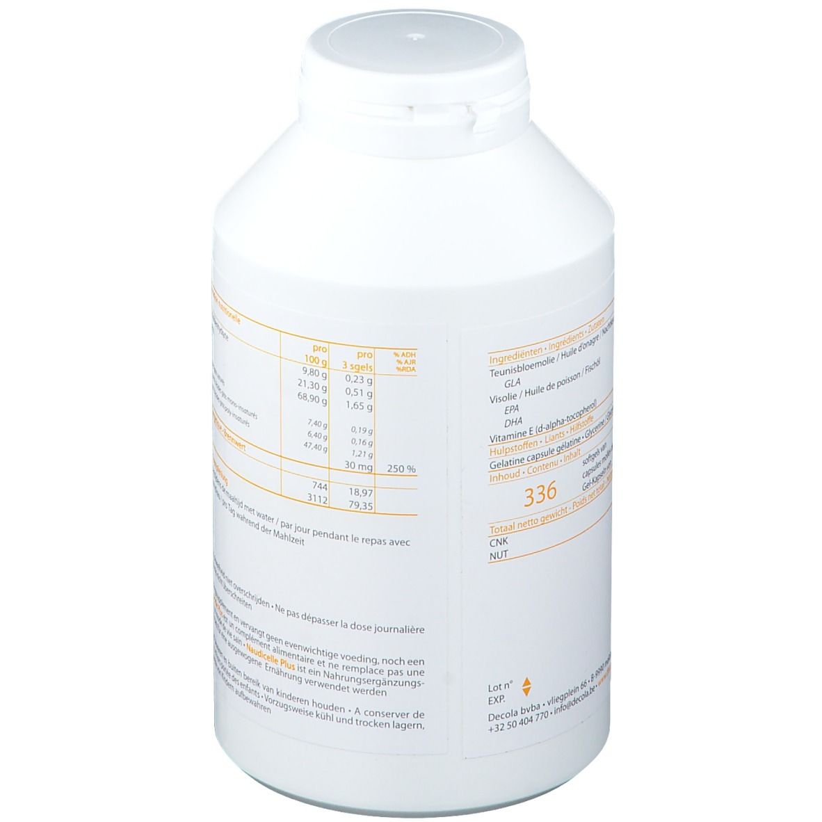 Bouteille blanche avec étiquette jaune. Texte avec informations nutritionnelles et ingrédients. Gélules.