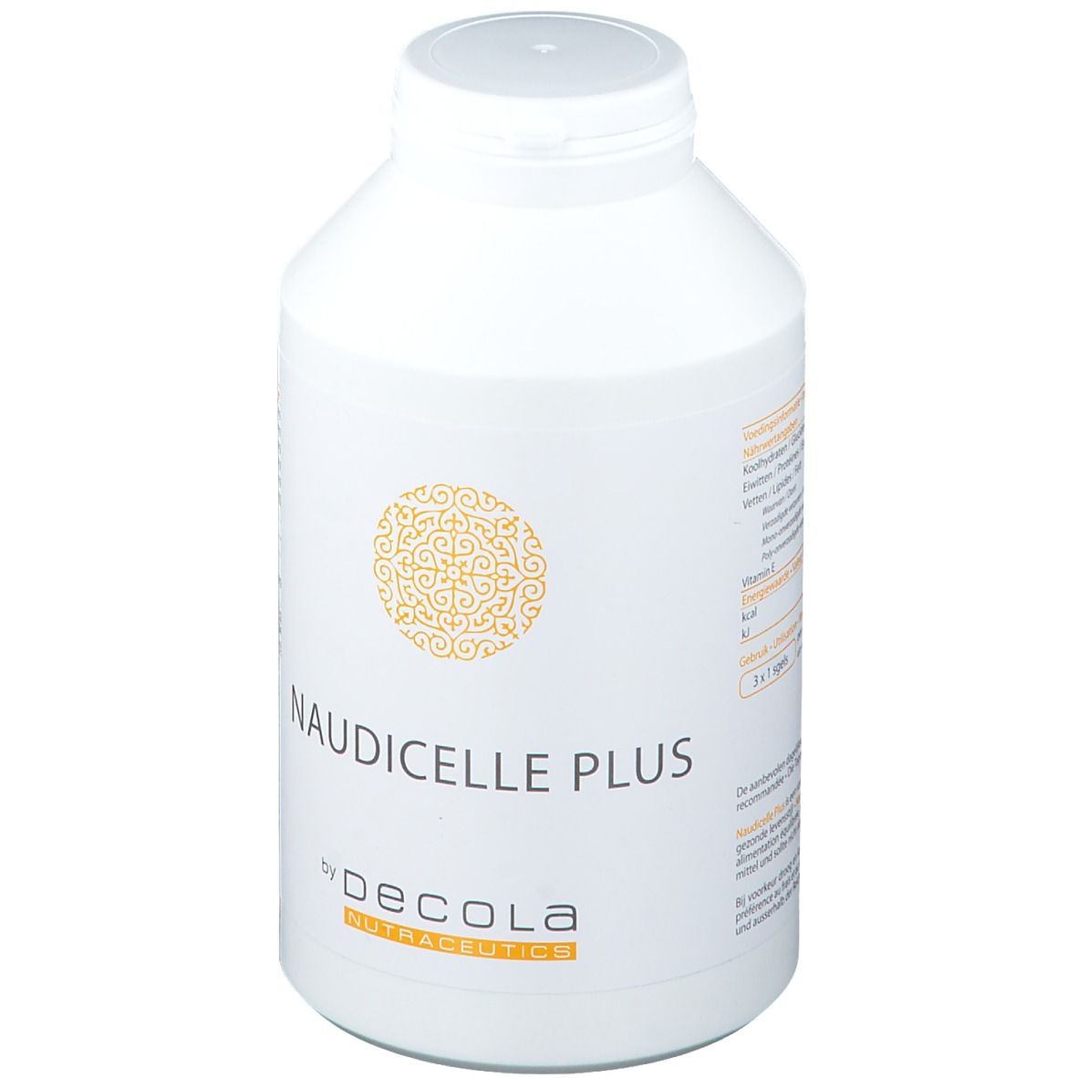 Bouteille blanche avec étiquette jaune. Inscription : Naudicelle Plus by Decola Nutraceutics.