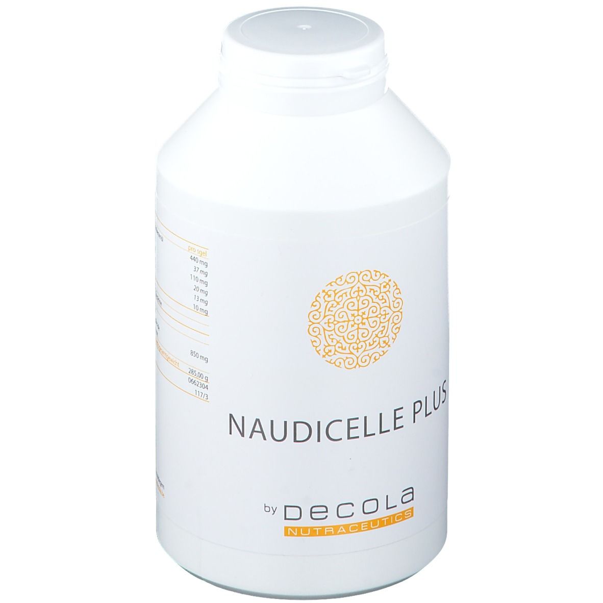 Bouteille blanche avec étiquette jaune. Inscription : Naudicelle Plus by Decola Nutraceutics. Informations nutritionnelles.