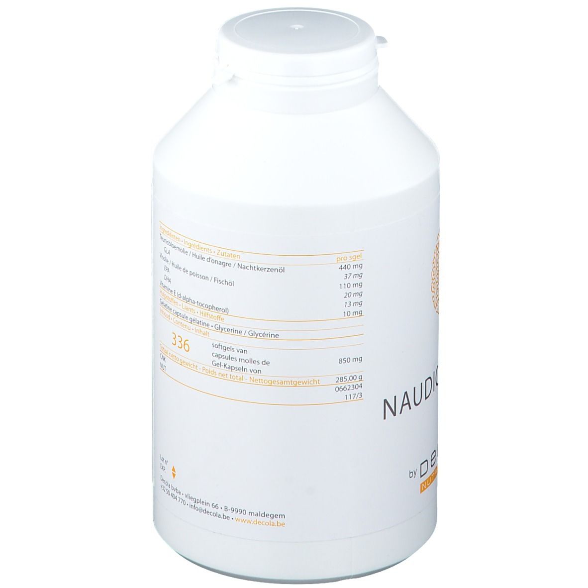 Bouteille blanche avec étiquette jaune. Texte avec informations nutritionnelles et ingrédients. Gélules.