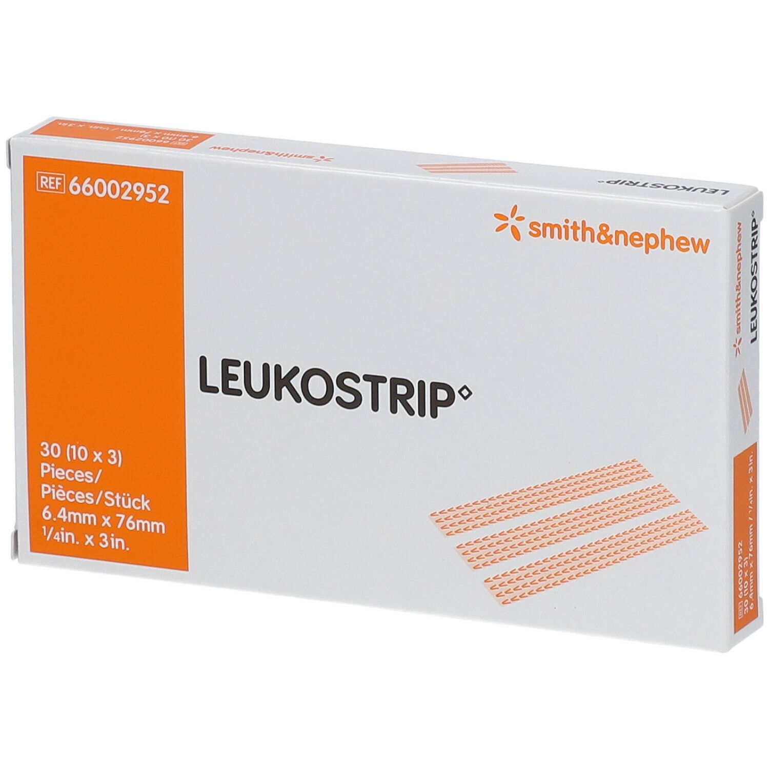 Verpackung von Leukostrip. Enthält 30 Streifen, 6,4 mm x 76 mm. Marke Smith & Nephew.