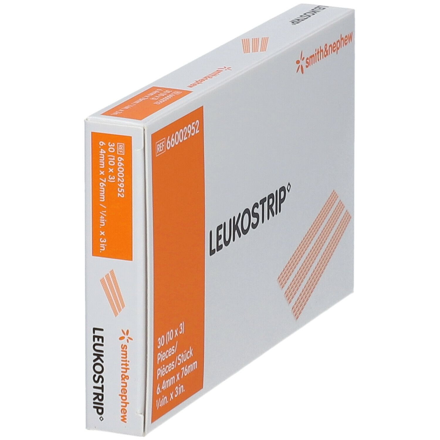 Leukostrip-Verpackung, schräg. Enthält 30 Streifen, 6,4 mm x 76 mm. Marke Smith & Nephew.